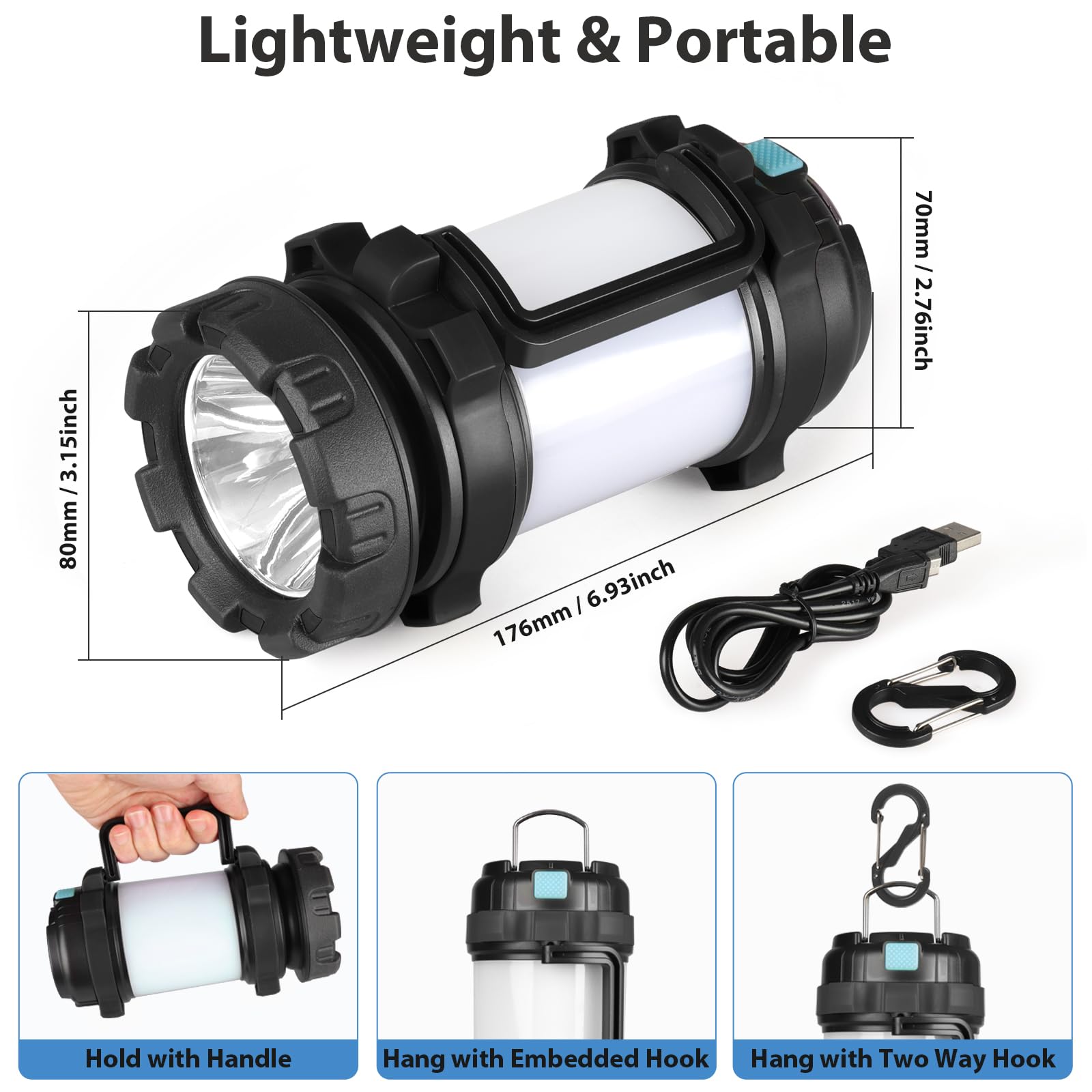 BOBKID 2 Pack Camping Lantern - 1000LM, Rechargeable, 4000mAh Power Bank, IPX5 Waterproof, Black, Model KJ-1296