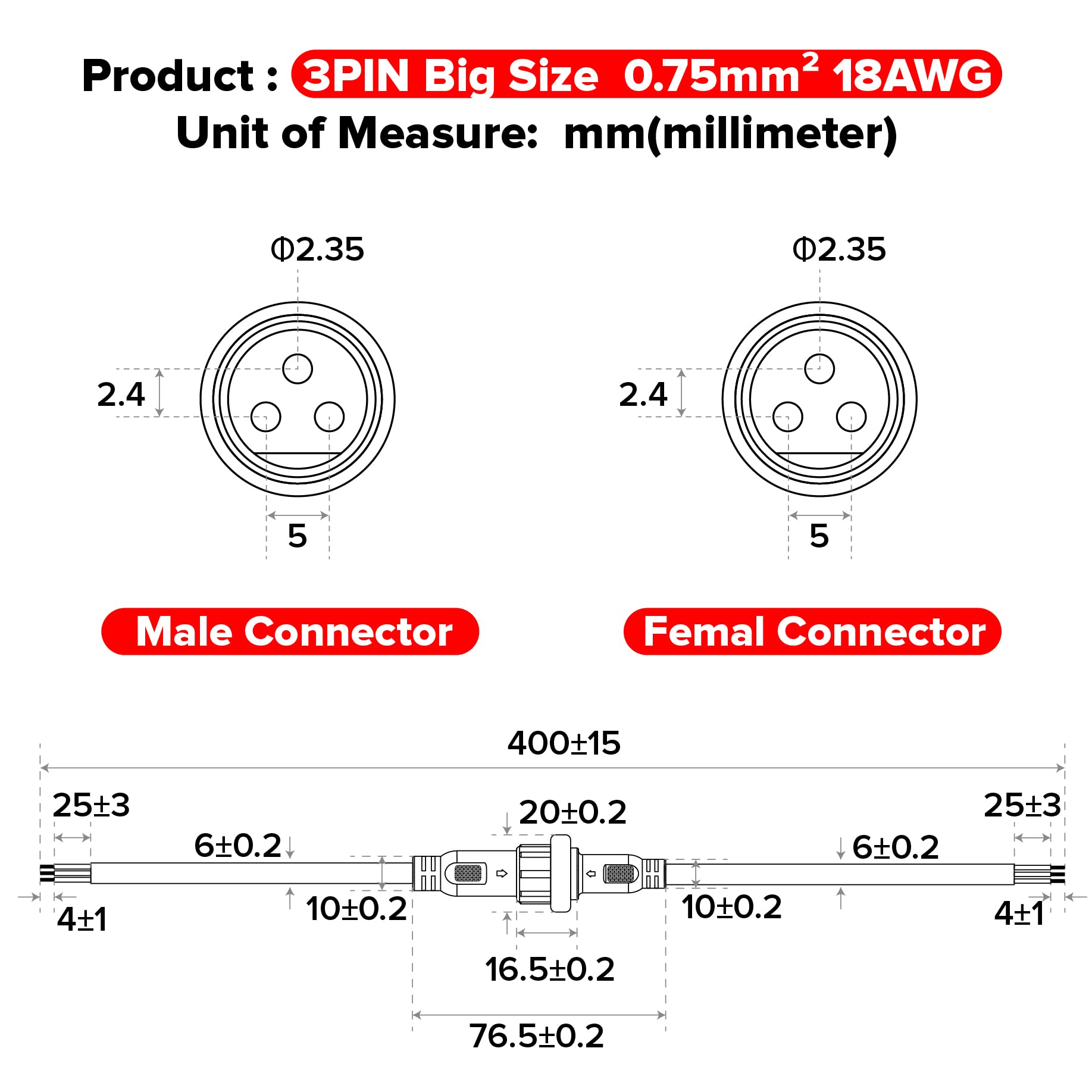 Hysmigor 3 Pin Electrical Connector 18AWG IP65 Male/Female Extension Cable 20cm for Car, Truck, Boat, LED Strip Lights - 3 Pairs