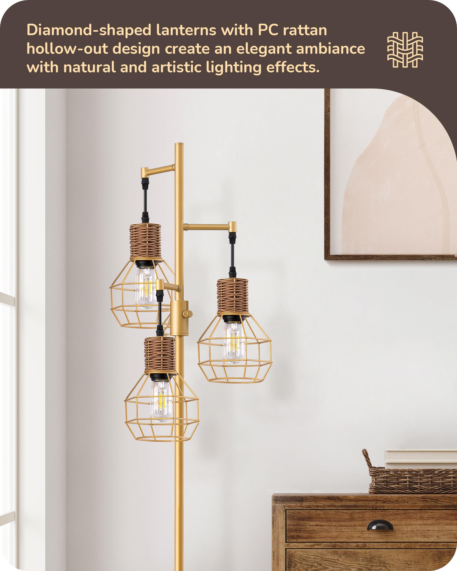 Edishine Dimmable Farmhouse Floor Lamp For Living Room, Industrial Standing Lamp With 3 Led Edison Bulbs, Corner Rustic Rattan T
