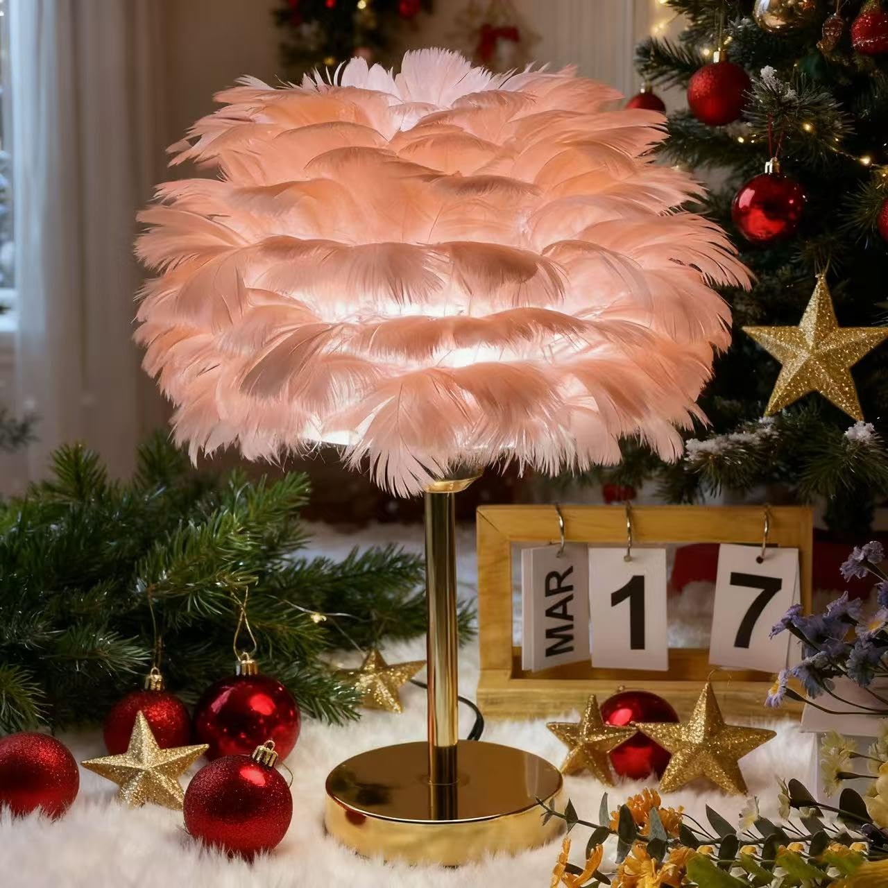 EMINGSKY Pink Feather Table Lamp with Gold Finish - 3 Color Changing LED Bedside Desk Lamp, Modern Romantic Night Light for Bedr