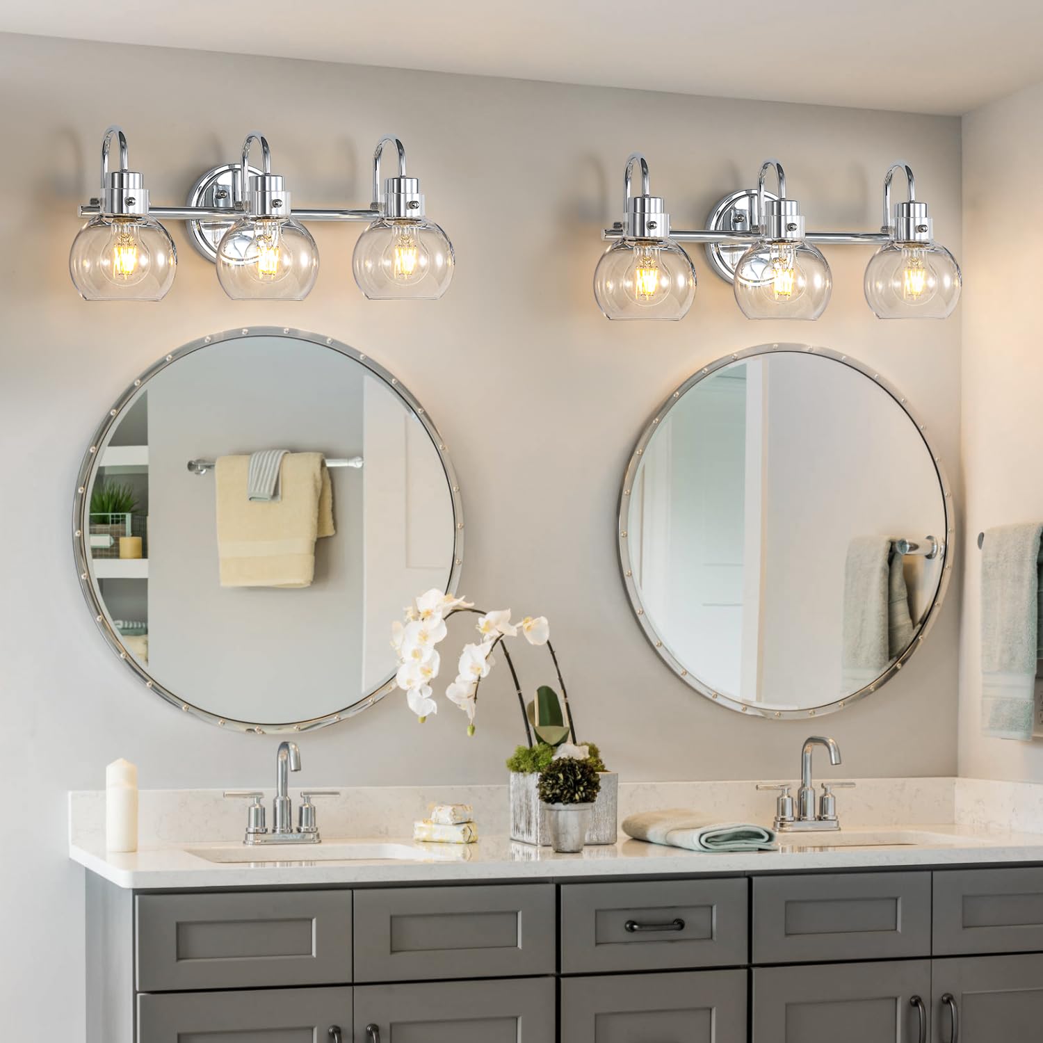 Apenath 3-Light Bathroom Vanity Light Fixture, Polished Chrome, Metal Glass, Model FL-3PCRWL-01, Clear Globe Shades for Mirror & Bath