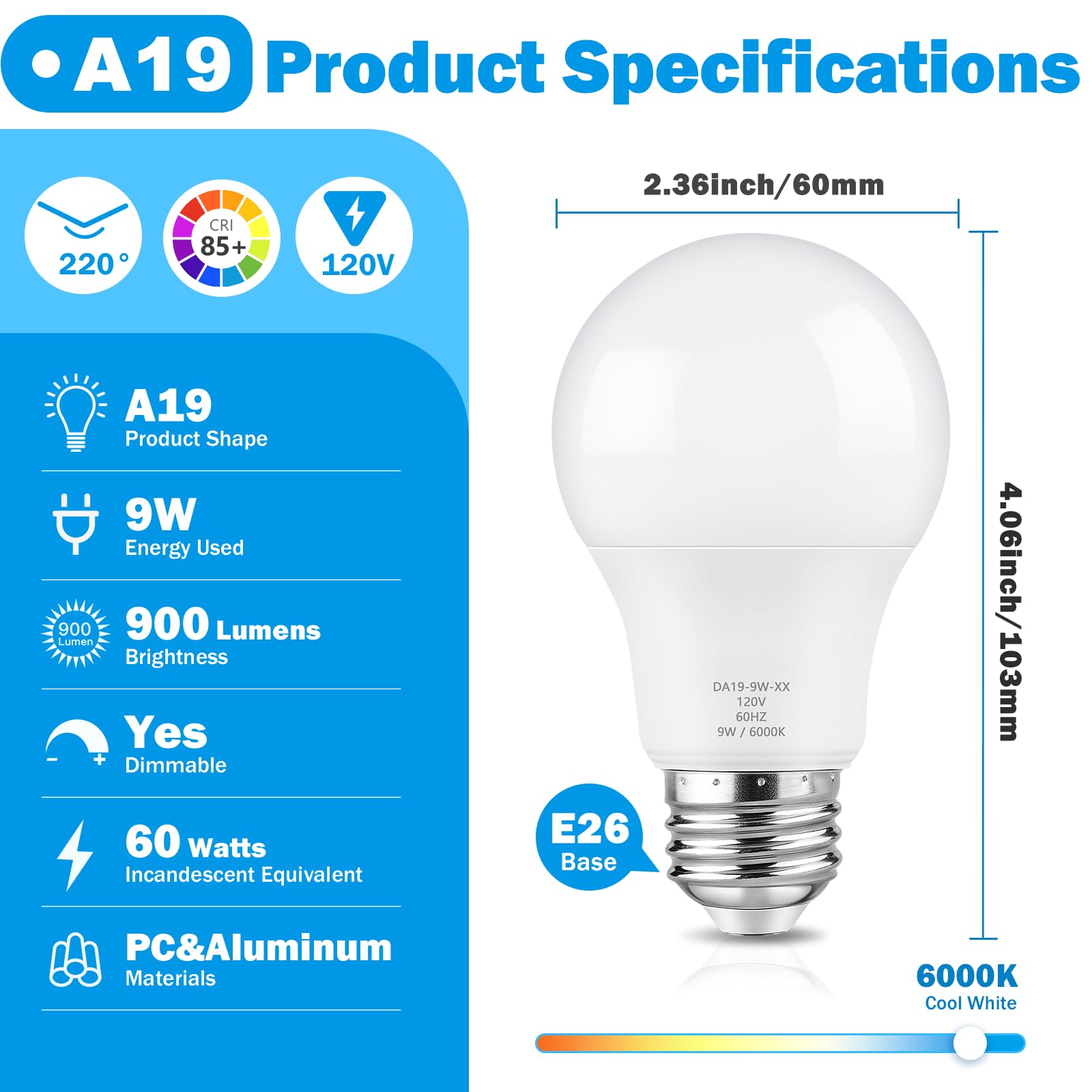 Maylaywood A19 Led Light Bulb, 60 Watt Equivalent Led Bulbs, 6000K Cool White, 900Lm, E26 Base, Dimmable, 9W Bright White, 4-Pack