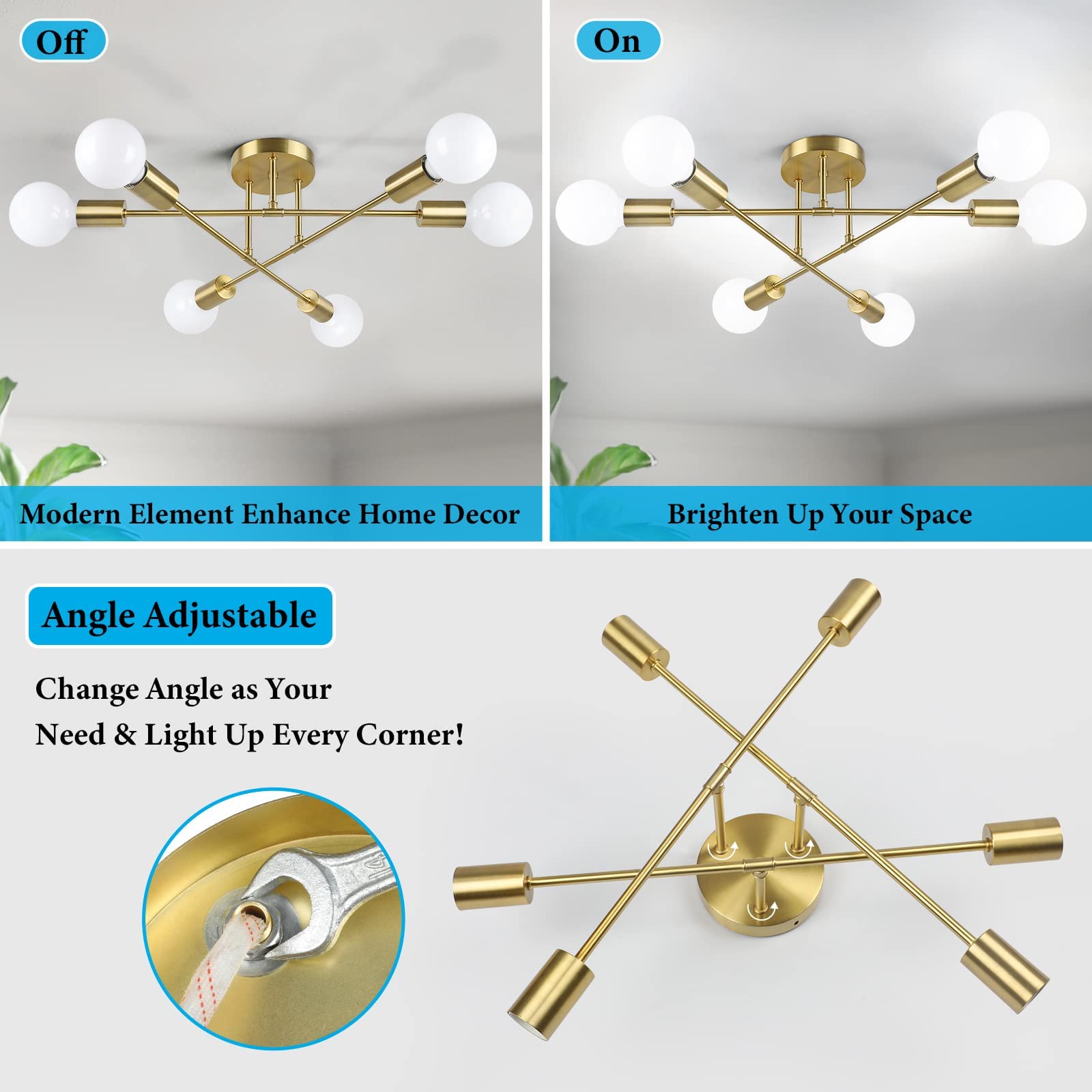 Bosceos Modern Sputnik Chandelier 6-Light Industrial Ceiling Fixture 22in Gold Metal Semi Flush Mount Lighting for Dining Room, Bedroom, Living Room