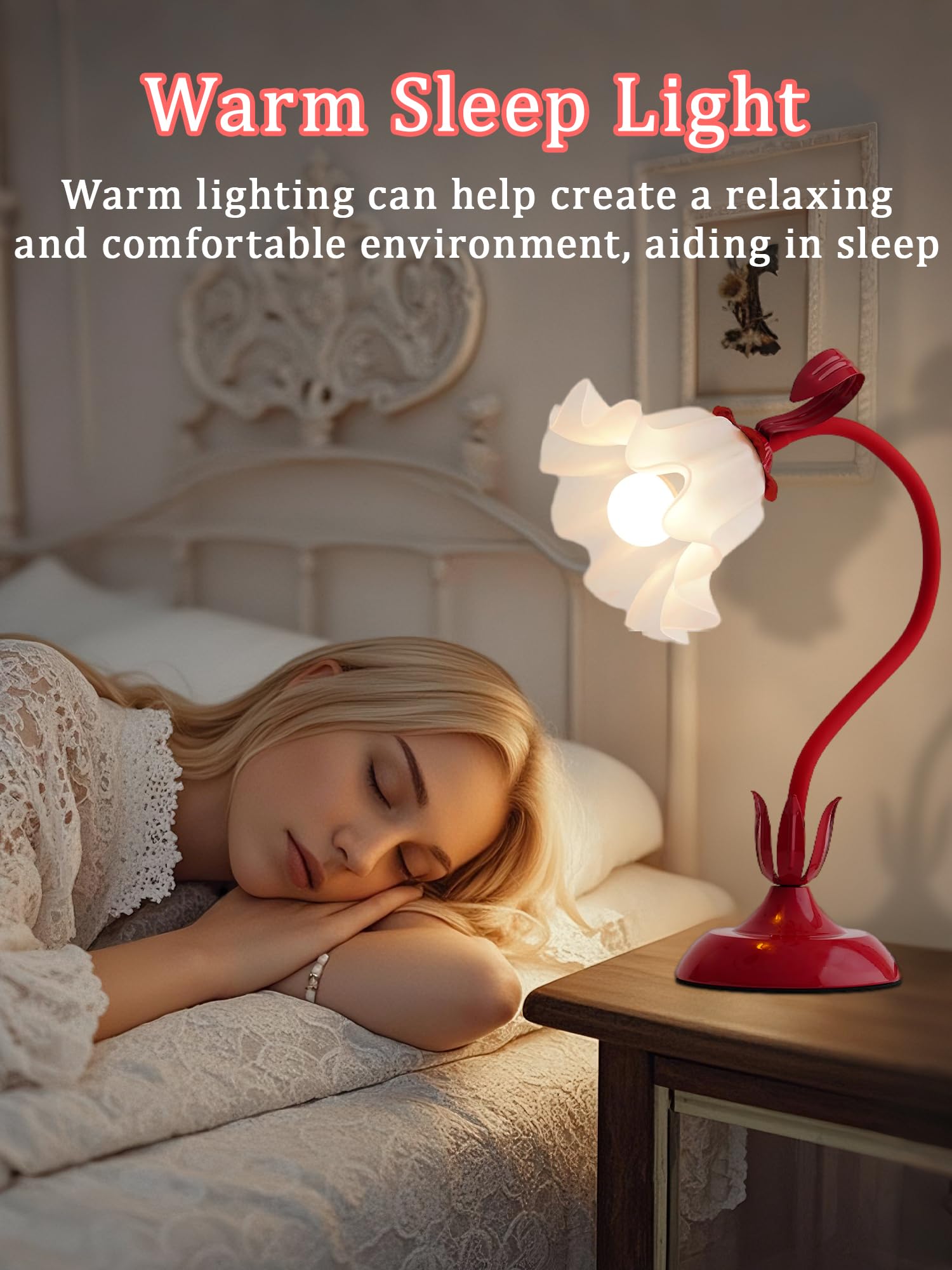WULCFCH Flower Table Lamp, LED Bedside Lamp, 3 Color Modes, Acrylic, Red, Model huadeng-1