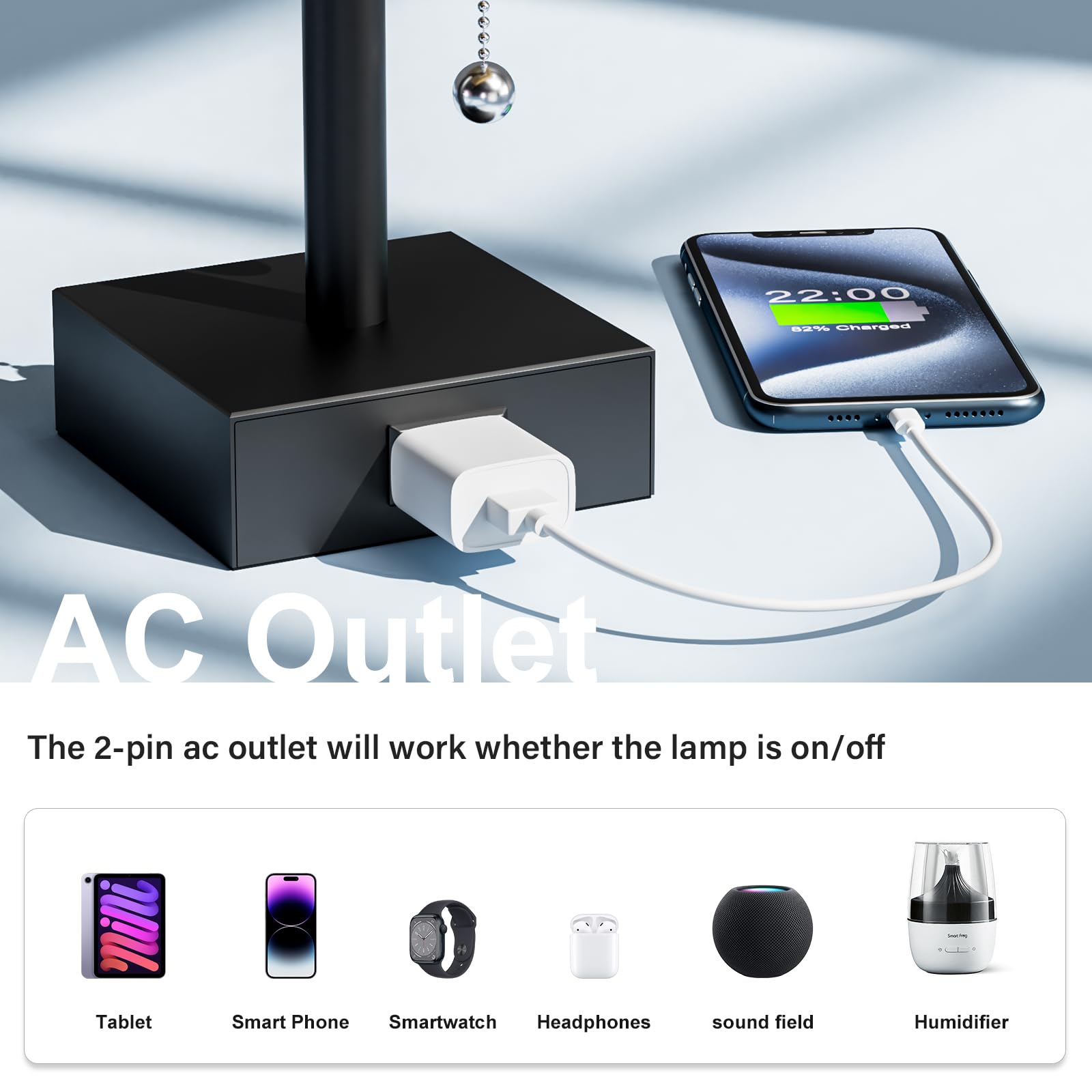 Fenmzee Black Table Lamps For Bedroom Set Of 2 - Nightstand Lamp With Ac Outlet Charging Port, 3 Color Temperatures Desk Light W