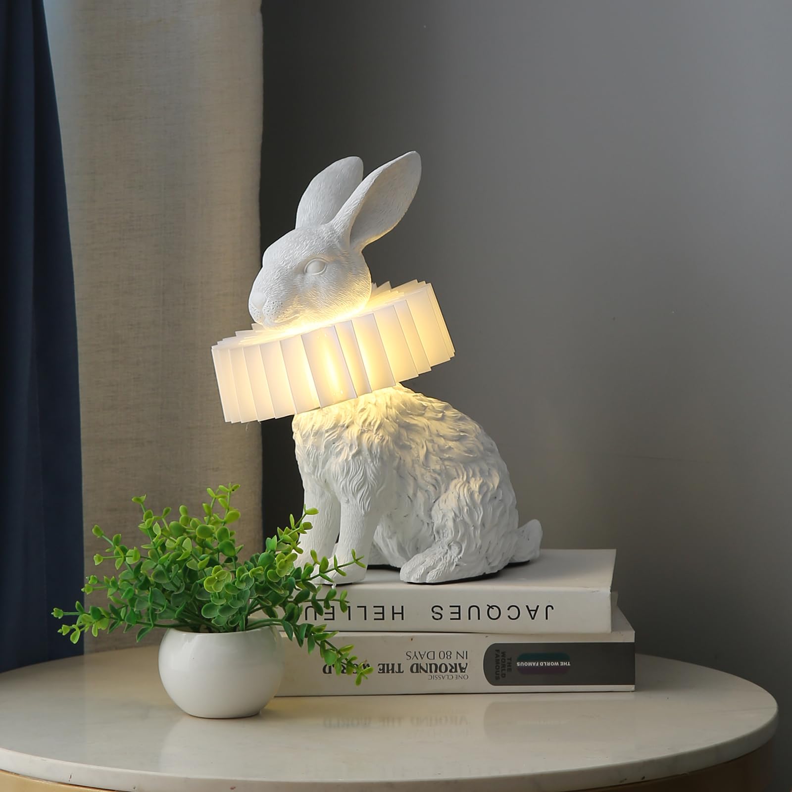 Lazhug White Scarf Rabbit Table Lamp,Resin Crafted Bunny Lamp Featuring White Pleated Pc Lampshade,Usb Plug,Low Voltage Energy-E