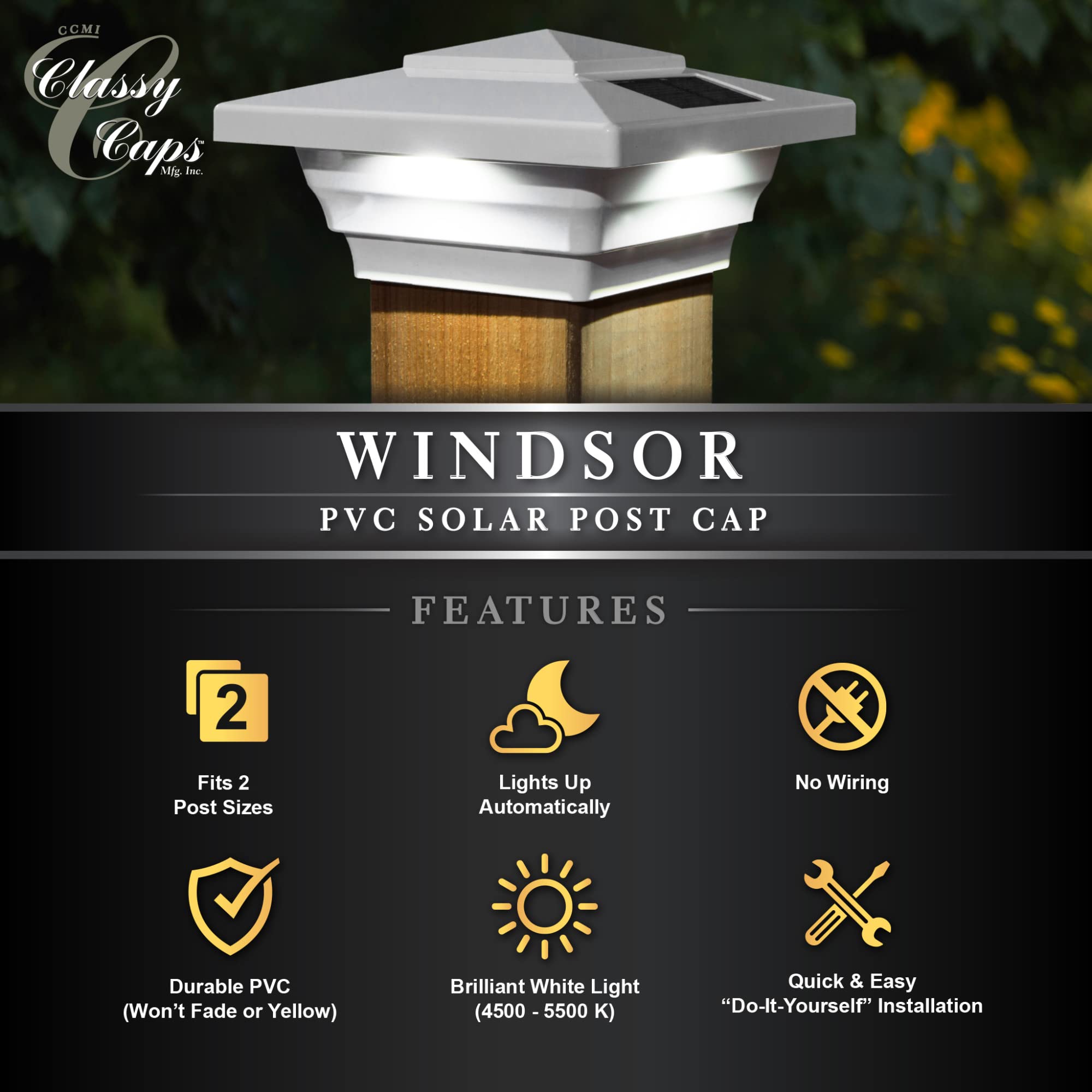 Classy Caps Sl4400 Pvc Windsor Solar Post Cap, 4" X 4", White