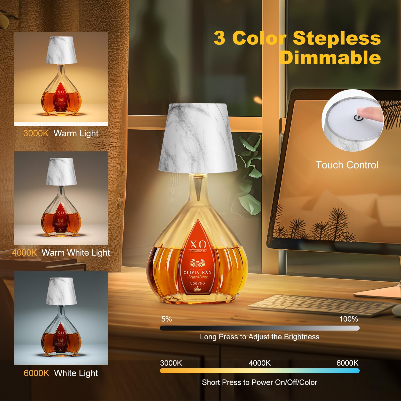 Soudfk Wireless Bottle Lamp,2025 New 3 Color Rechargeable Wine Bottle Lights For Bars Restaurants (Marble Color)