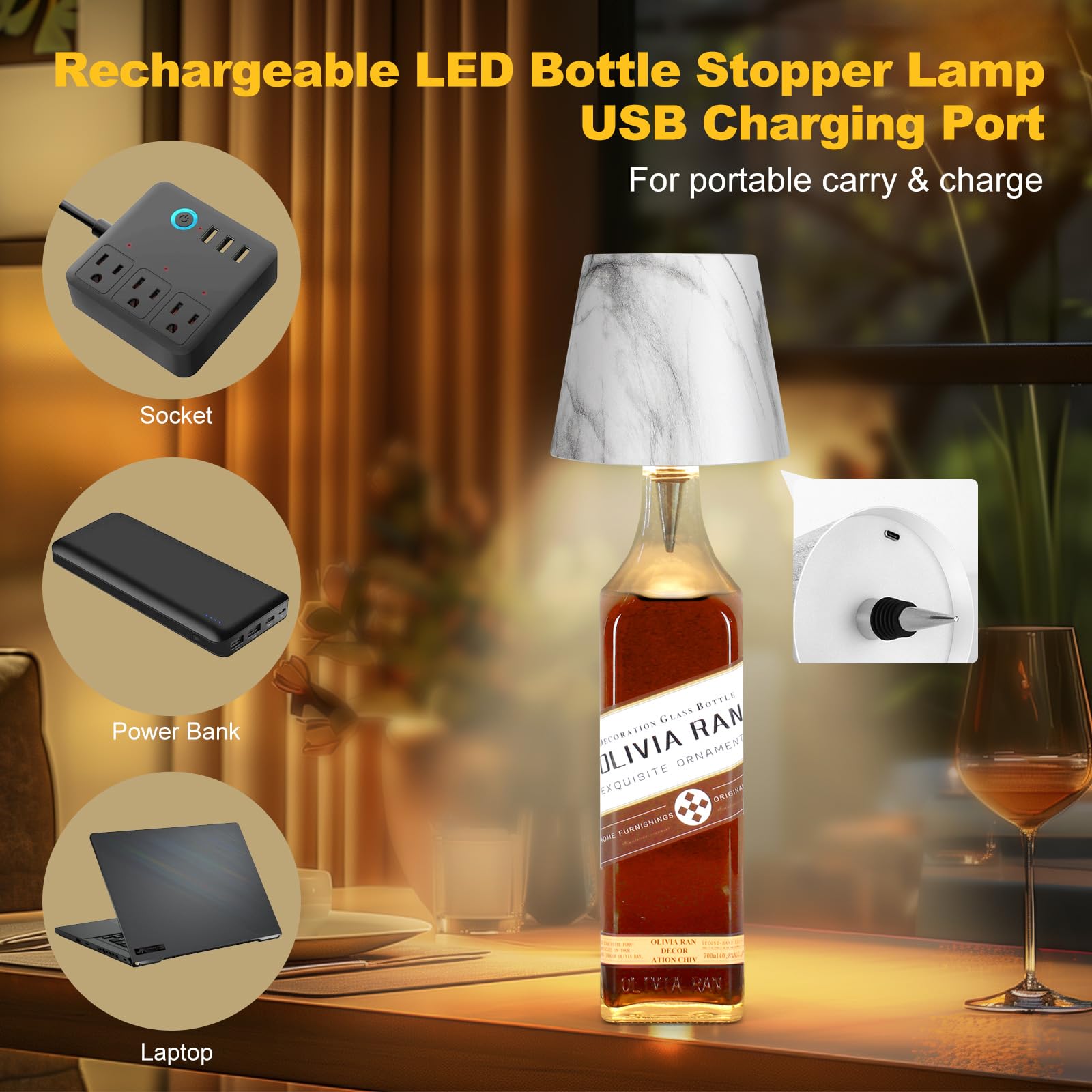 Soudfk Wireless Bottle Lamp,2025 New 3 Color Rechargeable Wine Bottle Lights For Bars Restaurants (Marble Color)