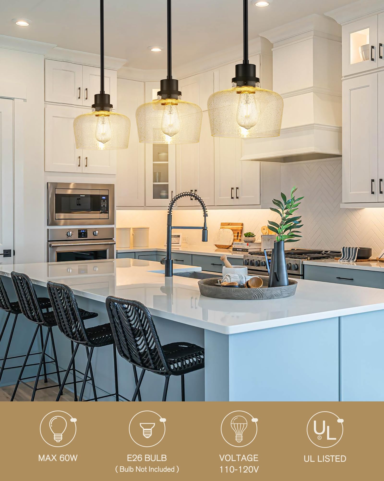 Emak 2 Pack Pendant Lights Kitchen Island, 8 Inch Black Pendant Light With Seeded Glass Shade, Modern Farmhouse Hanging Light Fi