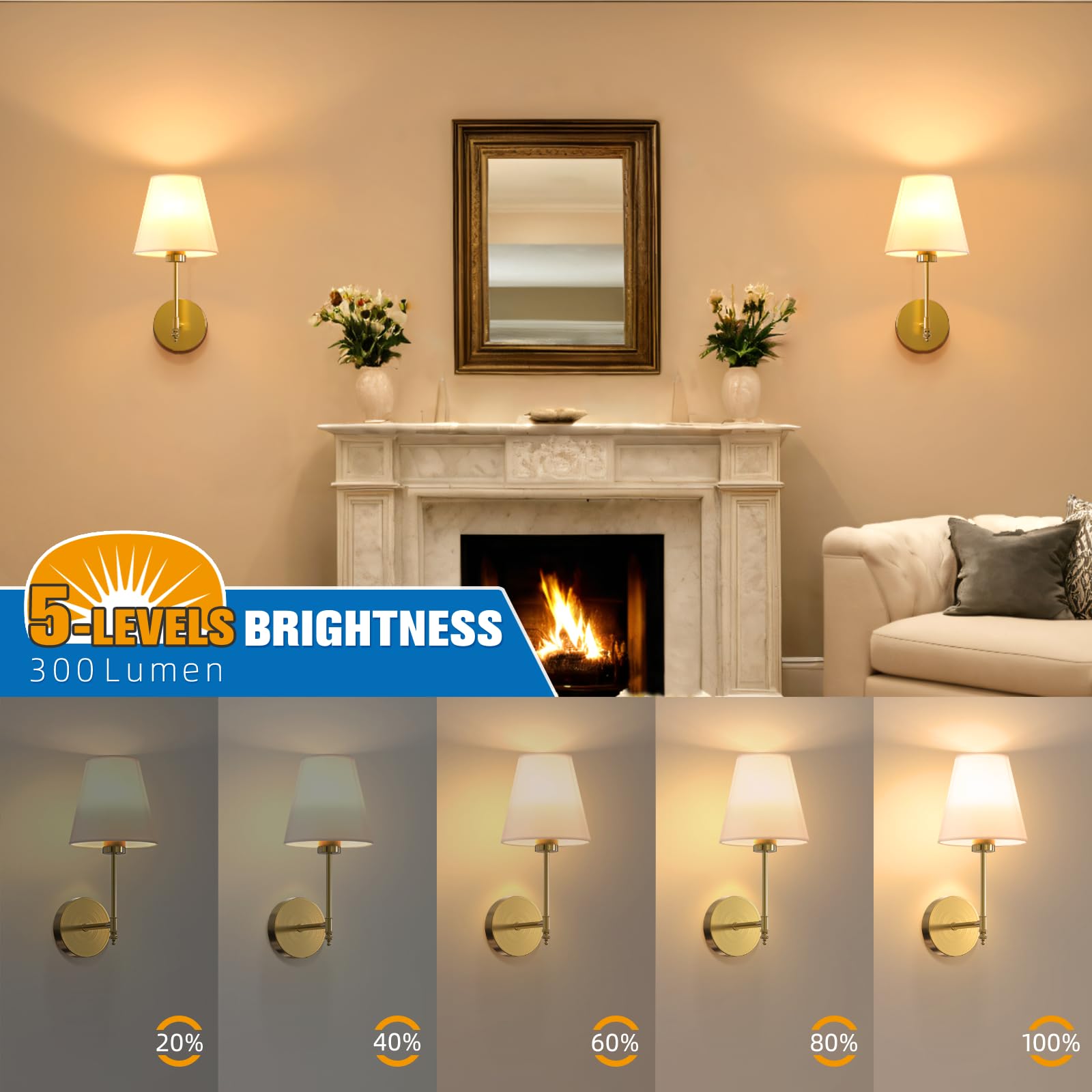 NIORSUN Wall Sconce Set of 2, 14.5in Gold Metal Lights, Rechargeable 5200mAh Bulbs, Dimmable, Remote, 9 Colors, Model