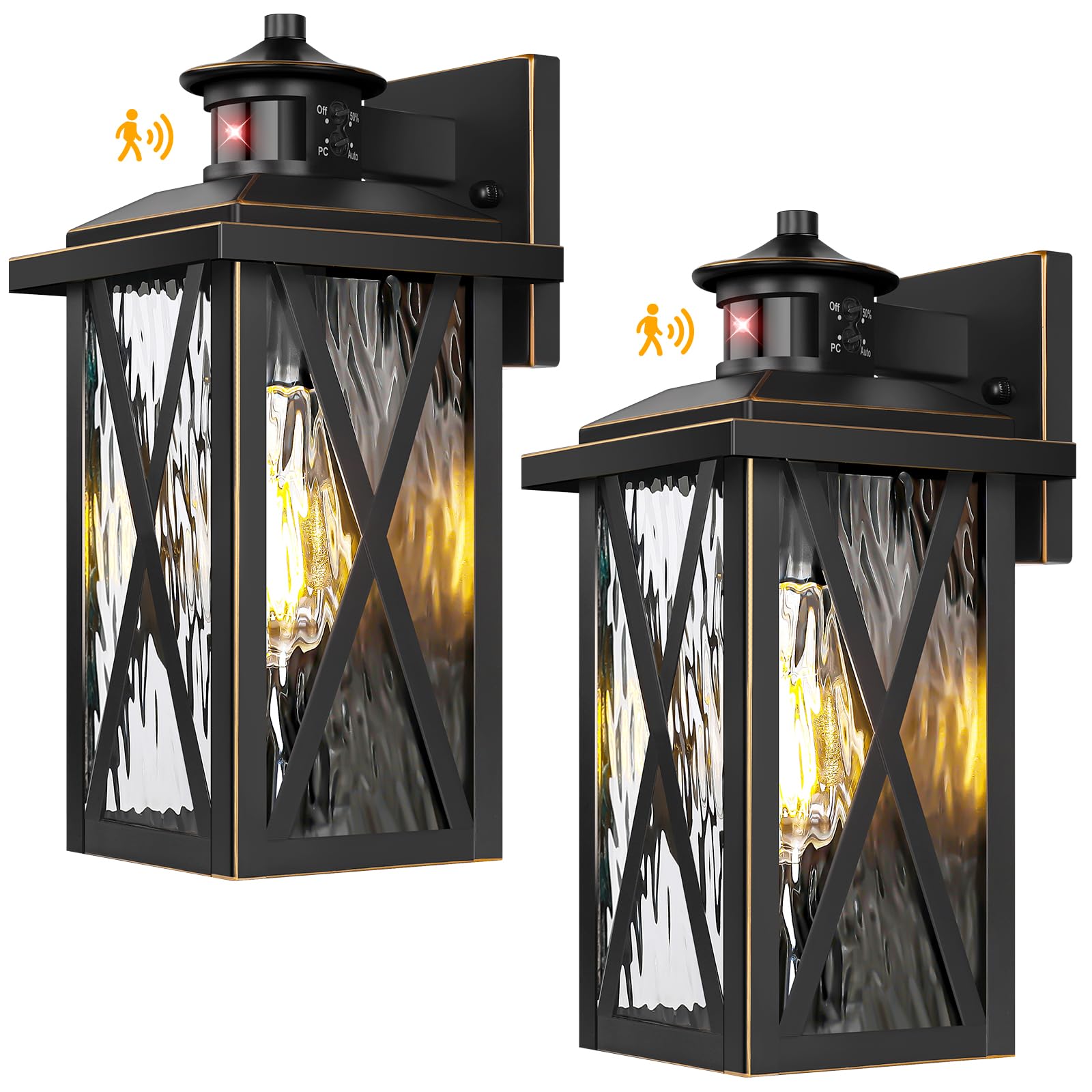 Motion Sensor Porch Lights Outdoor 2-Pack, Dusk to Dawn Waterproof Wall Lanterns, Black Exterior Wall Sconces with E26 Sockets &