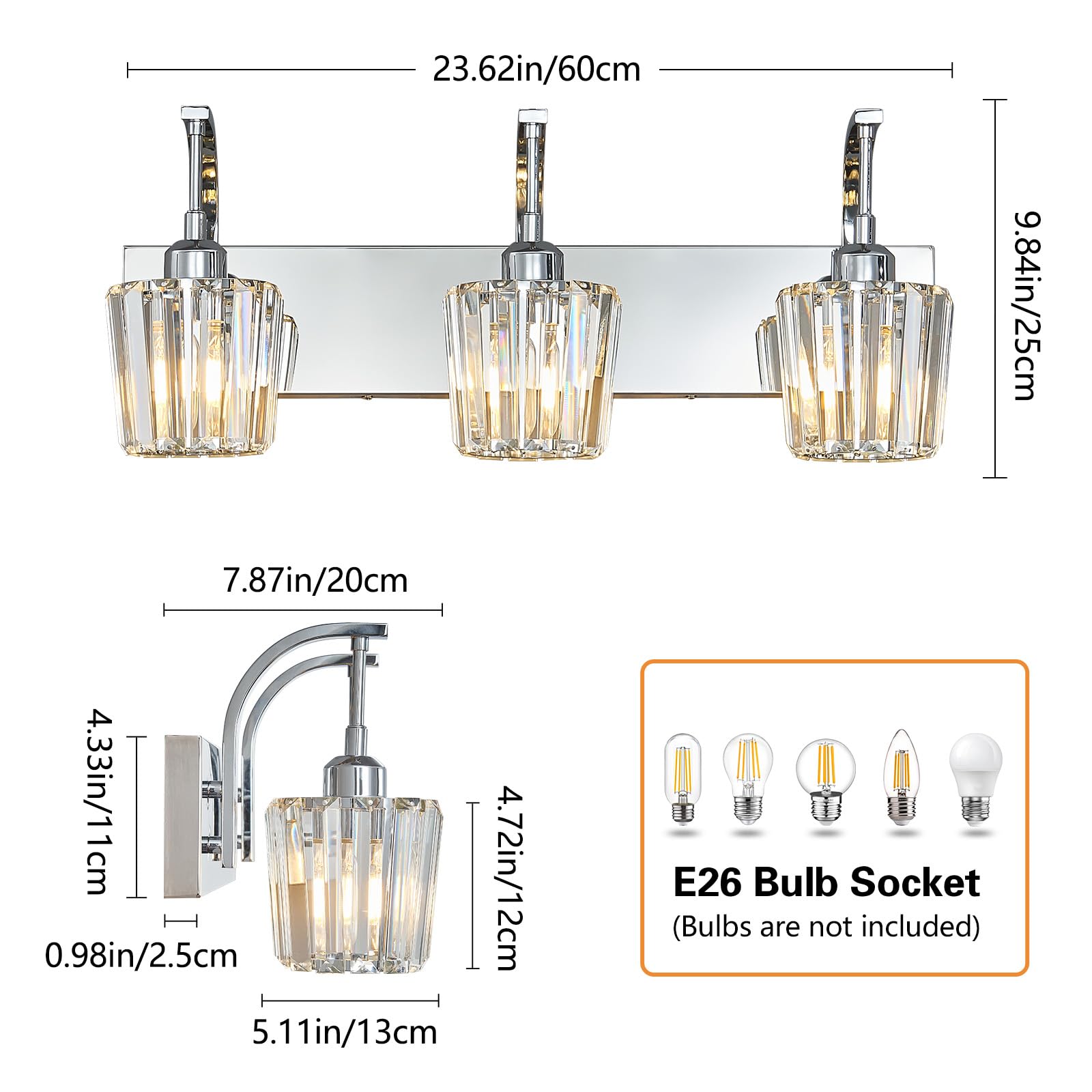 Fdpby Modern Bathroom Vanity Light  3-Light Chrome Wall Sconce With Crystal Accents  Over Mirror Bathroom Lighting Fixture  23.62 Long Dimmable Vanity Lamp For Makeup  Easy Installation
