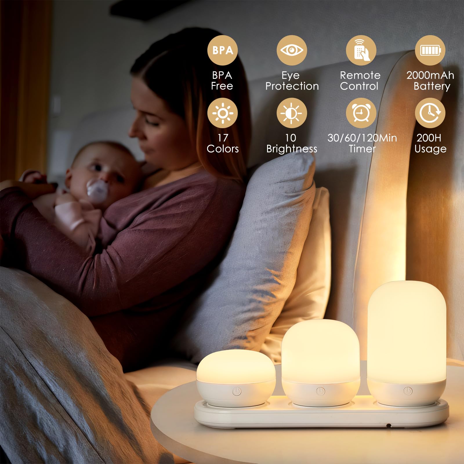 Benaep 3-in-1 Rechargeable Night Light - Dimmable, Remote Control, Set of 3, 17 Colors, ABS Material, Baby Night Light