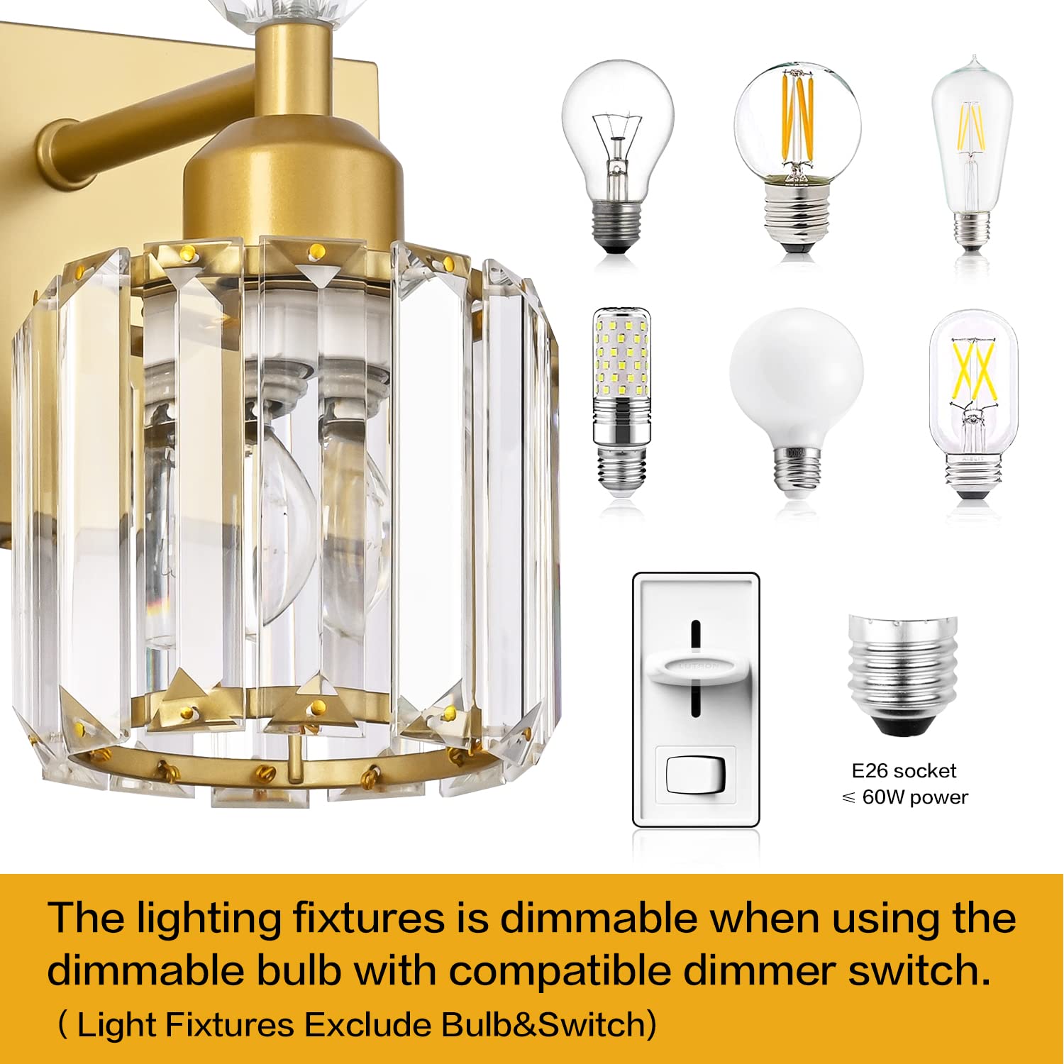 Presde Modern Chrome 2-Light Bathroom Vanity Light - Stainless Steel, Gold Finish, Over Mirror Sconce