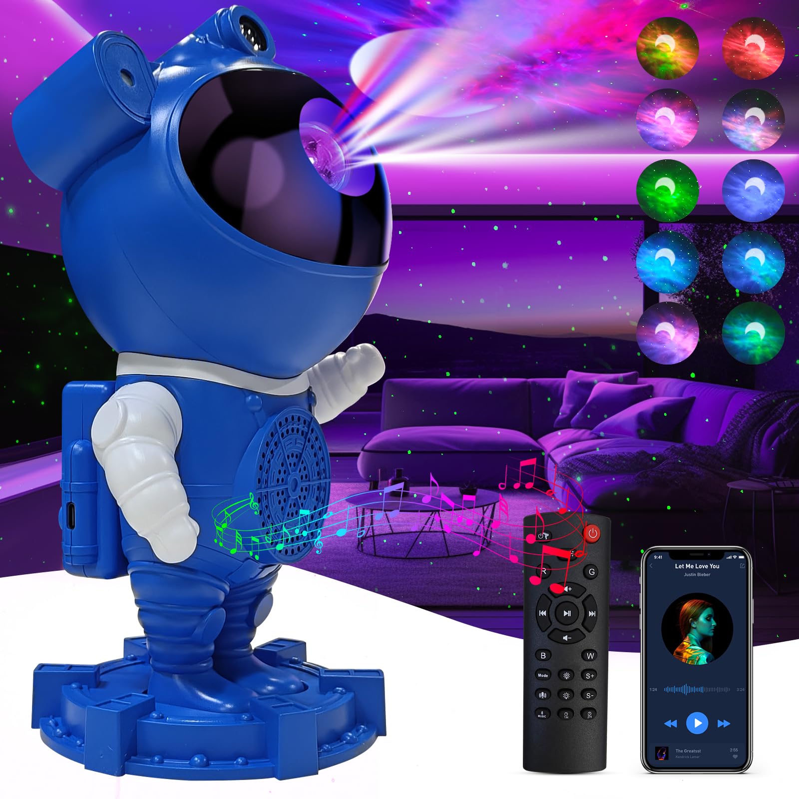 RUISHINE Galaxy Projector Night Light for Bedroom, Room Decoration, LED Lights, Astronaut Galaxy with Nebula Moon, Bluetooth, Wh
