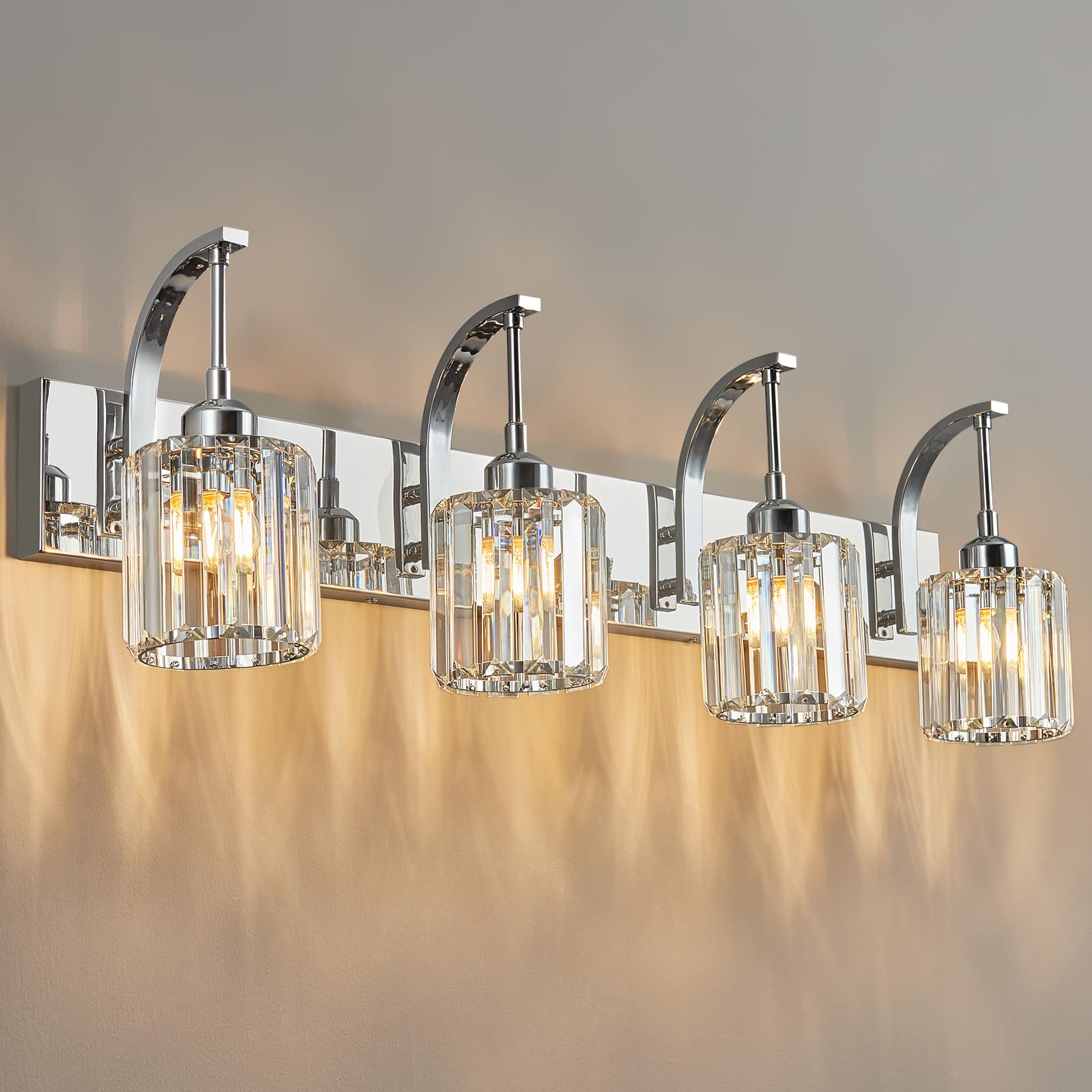 Fdpby 4-Light Crystal Vanity Light  Modern Chrome Bathroom Wall Sconce With K9 Crystal Shades  32.67 Long Over Mirror Lighting For Vanity  Makeup  Hallway  Elegant & Easy Install