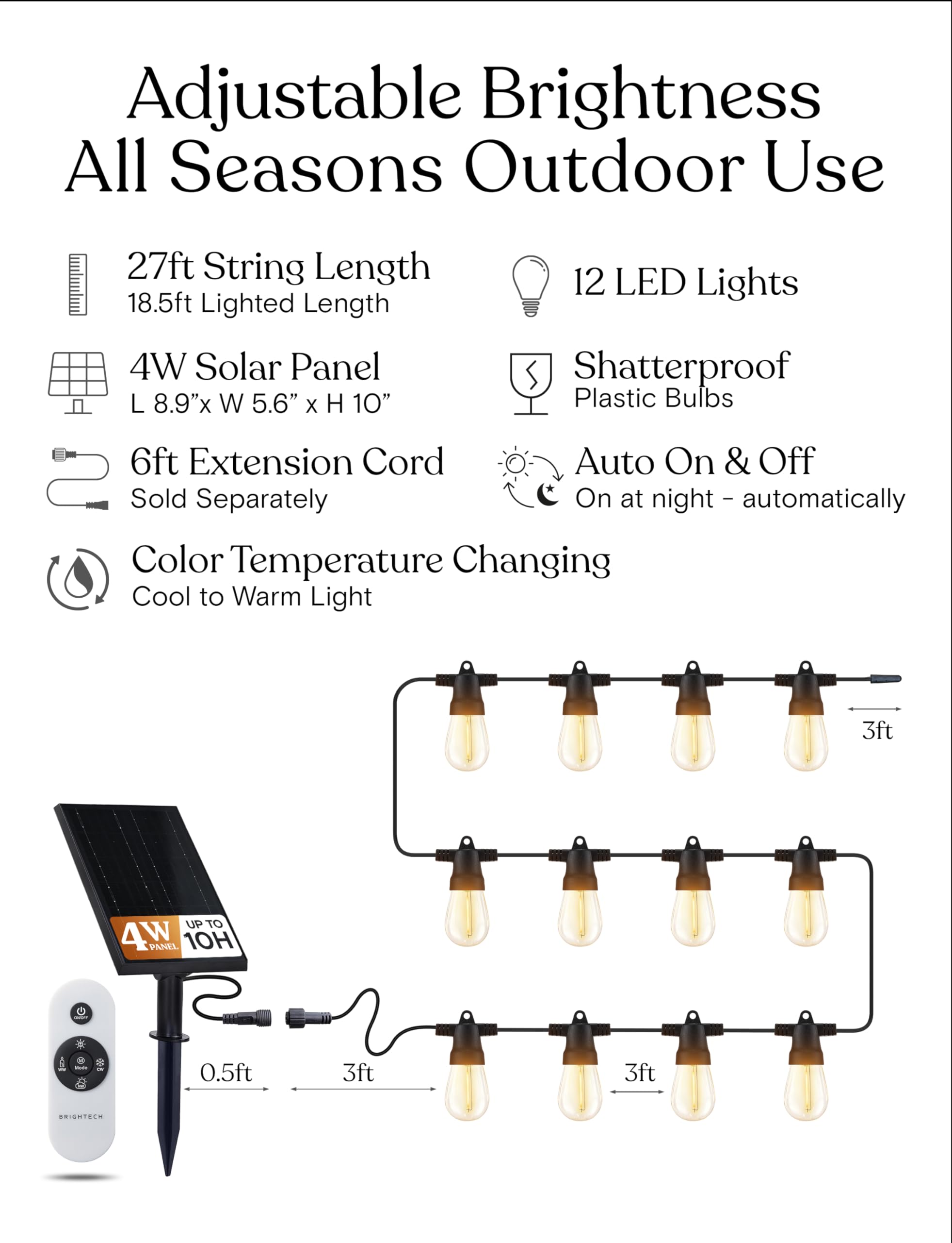 Brightech Ambience Pro Solar String Lights - 27Ft, Super Bright, Waterproof, Remote Control, 12 LED Bulbs, Commercial Grade, Model SLR4W-27NH-CC