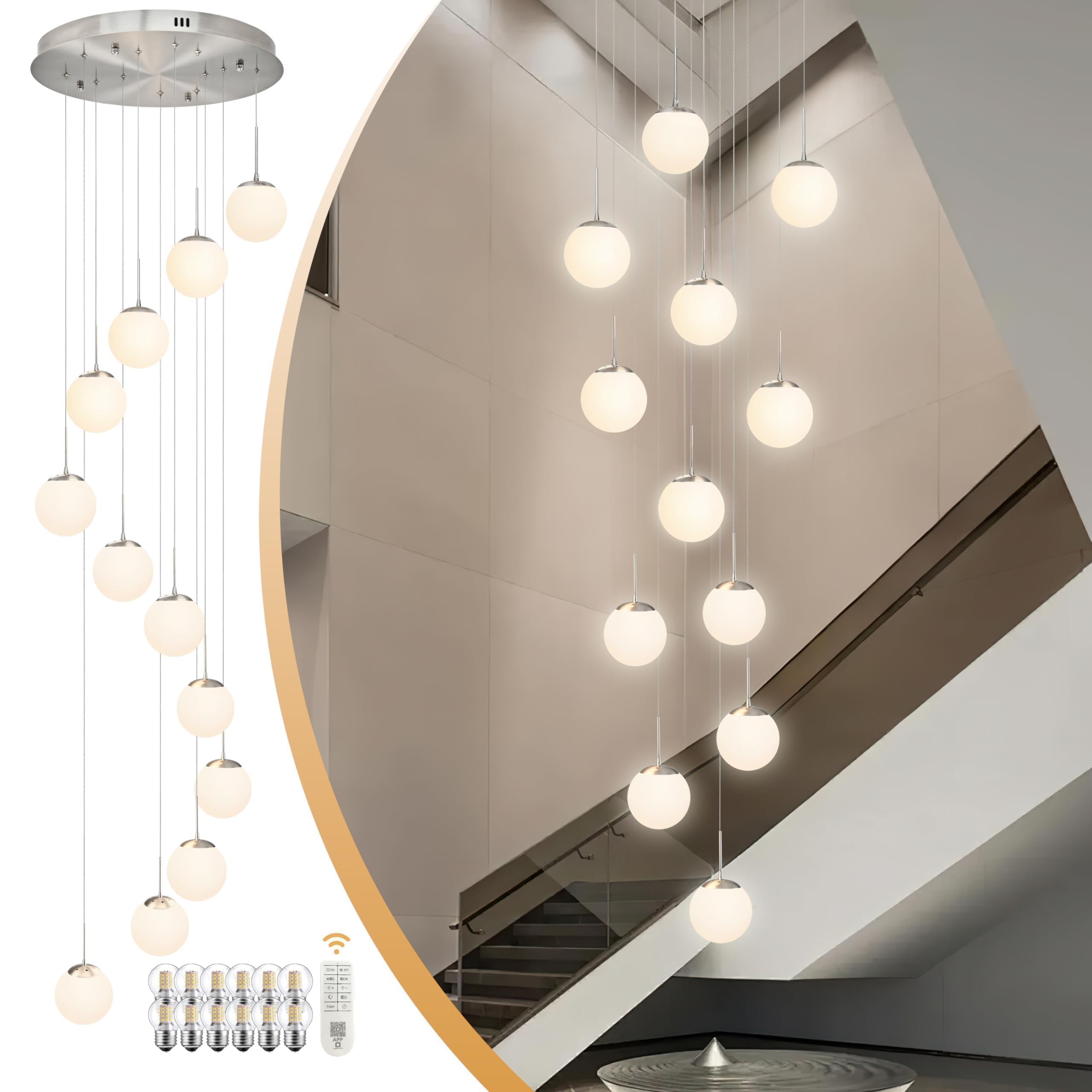 Koko&Yukina 12-Light Nickel Mid Century Modern Chandelier For Living Room Staircase Chandelier For Entryway Globe Milky White Gl
