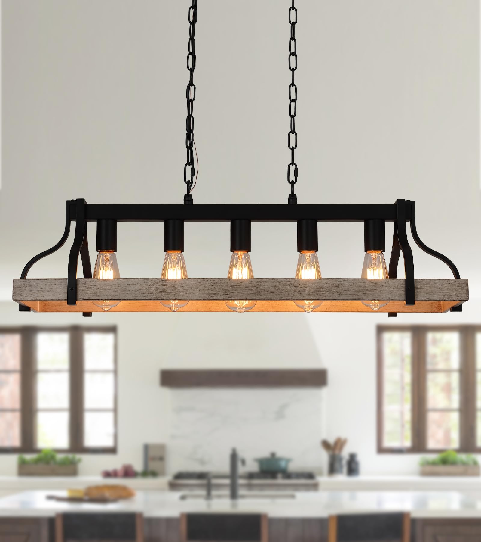 Meixisue Chandeliers For Dining Room Kitchen Island Lighting Fixtures Farmhouse Industrial 5-Lights Linear White Birch And Black Metal Finish Chandelier For Living Room Ul Listed