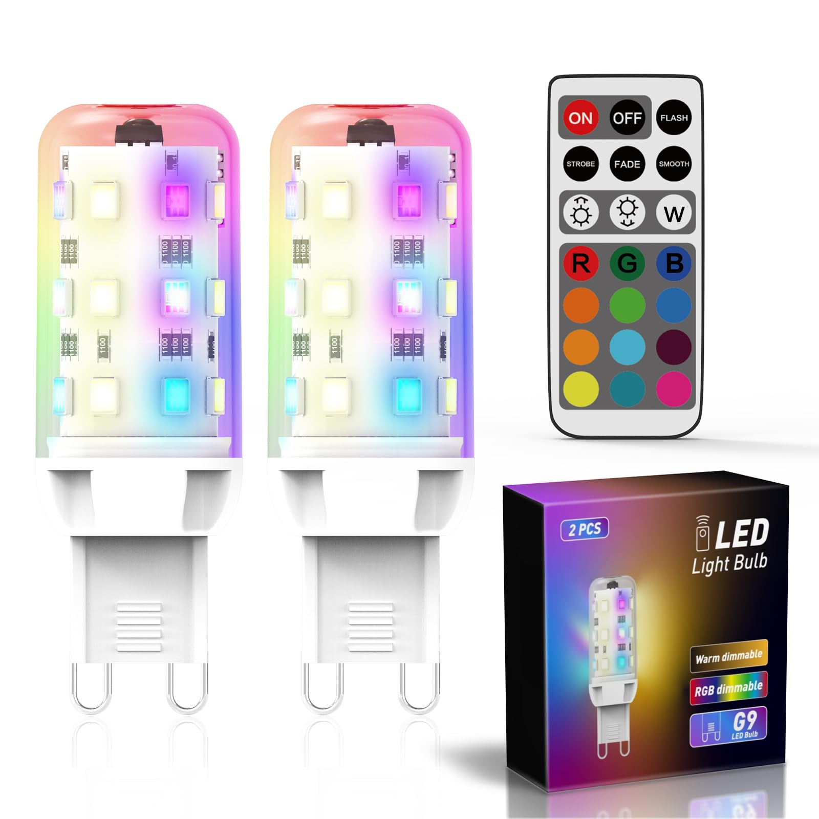 Yuiip Rgb Color Changing Led Light Bulbs With Remote Control  2W Dimmable G9 Rgb Led Bulb  200Lm  20W Halogen Equivalent  3000K Warm White G9 Base Mood Light Bulb For Home Decor  Party  Pack Of 2