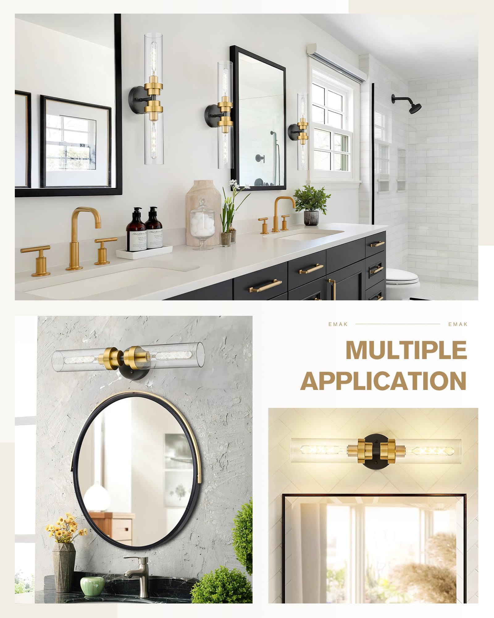 Emak Black And Gold Vanity Lights For Mirror, Modern 22 Inch Bathroom Light Fixtures With Clear Glass Shade, 2-Light Cylinder Wa