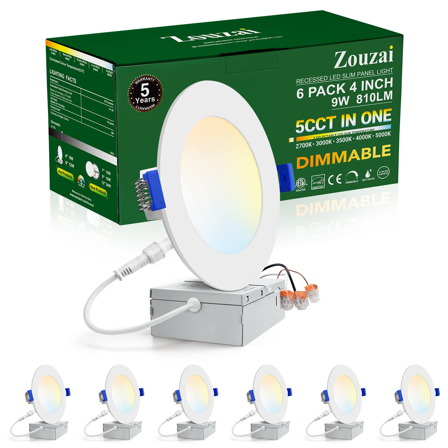 Zouzai 6 Pack 4 Inch 5Cct Ultra-Thin Led Recessed Ceiling Light With Junction Box, 2700K/3000K/3500K/4000K/5000K Selectable, 9W
