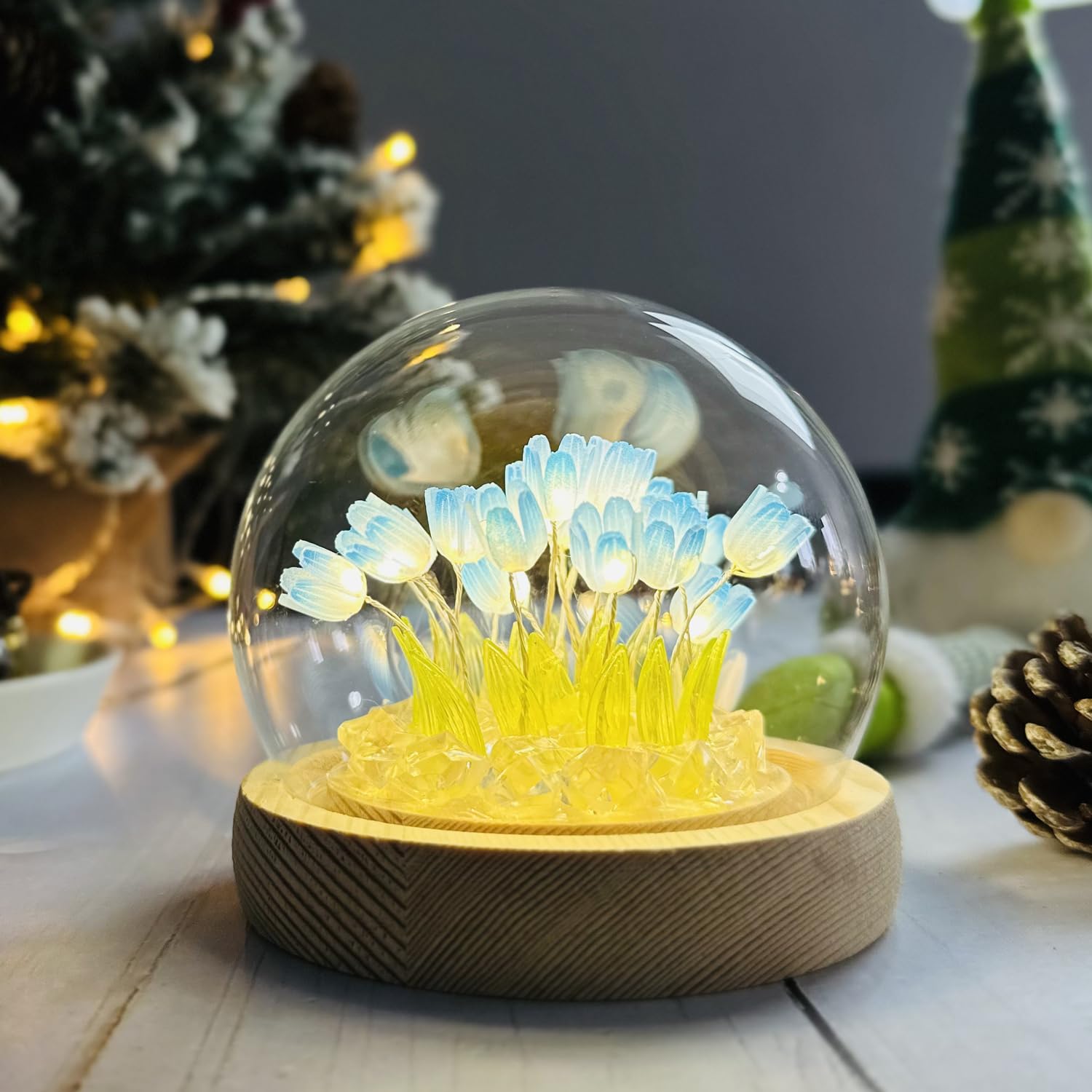 LOGAZOO Tulip Lamp Night Light - 20 Flower Table Decoration, Blue, Model XZH05PK, Handmade with Glass Dome for Bedroom and Desk