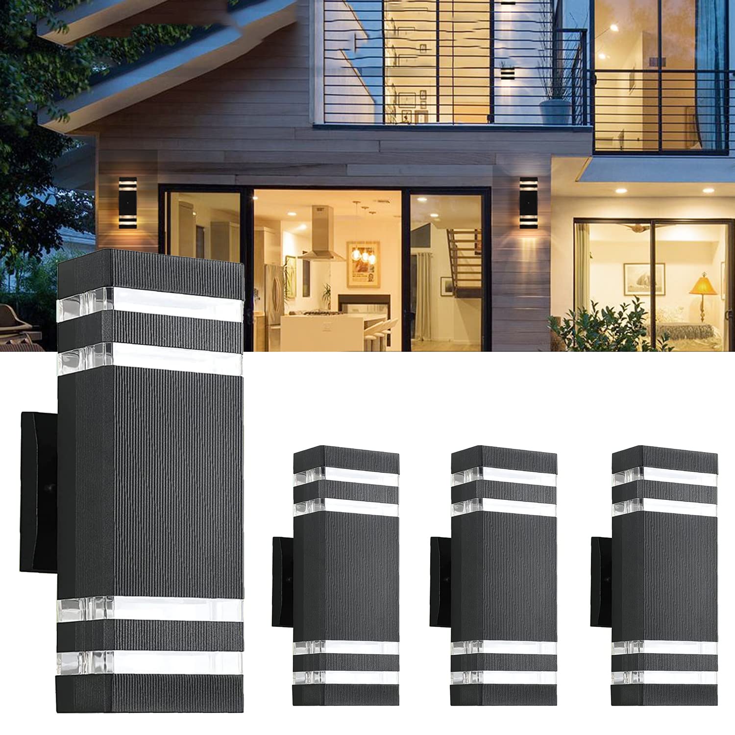 Stayofa 4Pack 12inch LED Square Up&Down Wall Lights 14W 4000K Day White Outdoor Wall Light Aluminum Body Waterproof IP65 led Porch Light for House Patio Garage Garden(No Sensor)