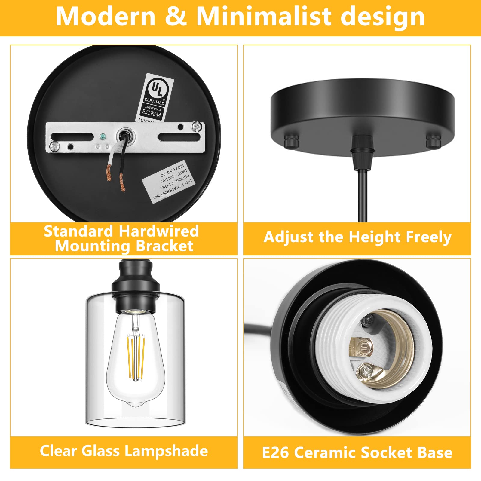 Licperron 2 Pack Black Pendant Lights, Clear Glass Shade, Metal Ceiling Fixture for Kitchen Island, Dining Room, Model 2P-GlassPendant
