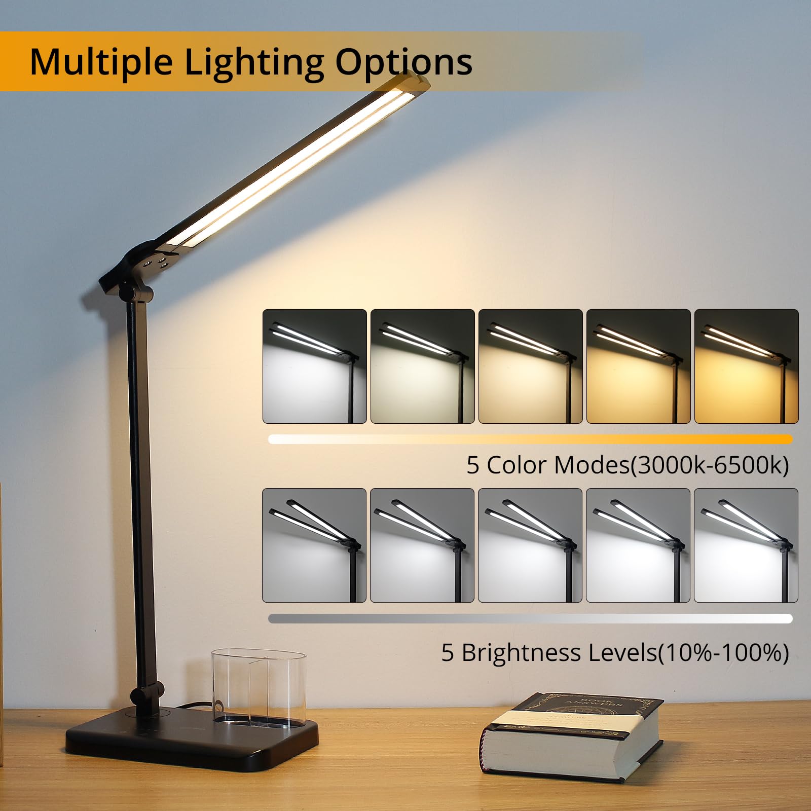 Qooltek Touch Control LED Desk Lamp, Table Lamp with 5 Color Modes Dimmable Brightness for Home Office, Dual Swing Arm USB Charg