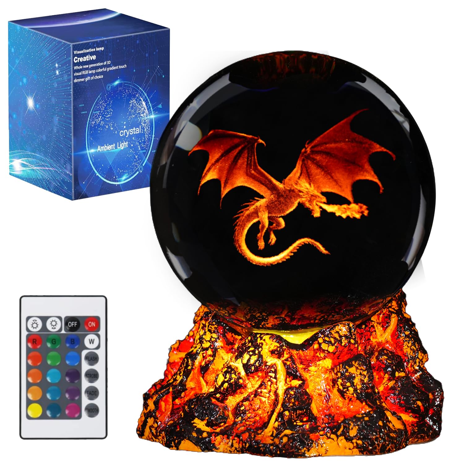 Dragon Night Light  3.15 Inch (80mm) K9 Crystal Upgraded Volcanic Lava Base 3D Lamp with Remote 16 Color for Birthday Xmas Cool Figurines Dragon Gifts for Room Decor Boys Girls