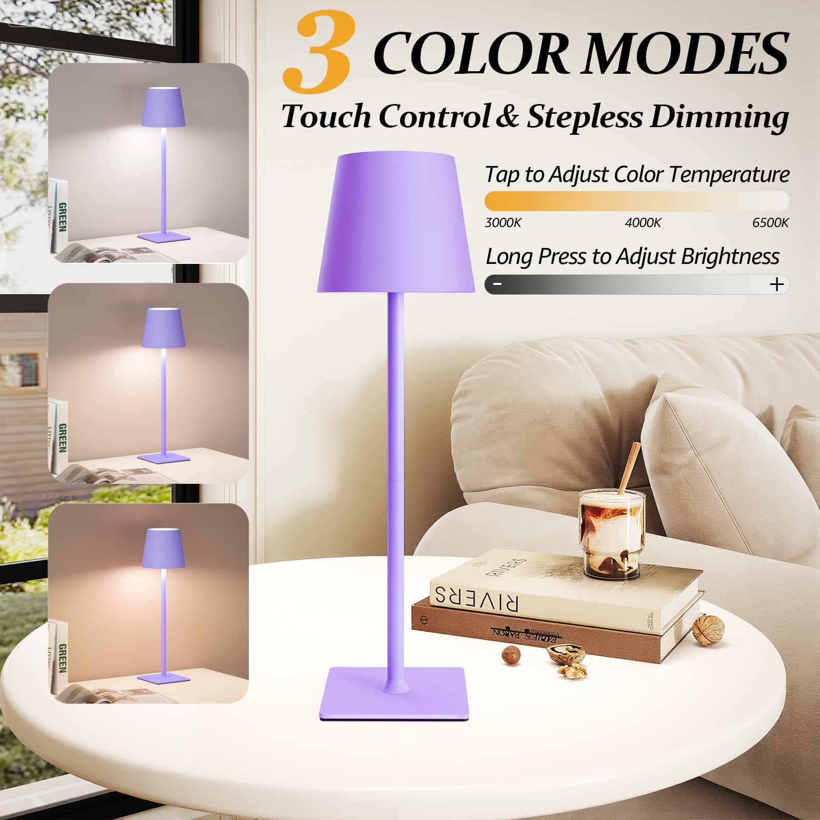 CHLORANTHUS Cordless Table Lamps 2 Pack - Stepless Dimming, 5000mAh Battery, Purple, Model: table-lamp -15