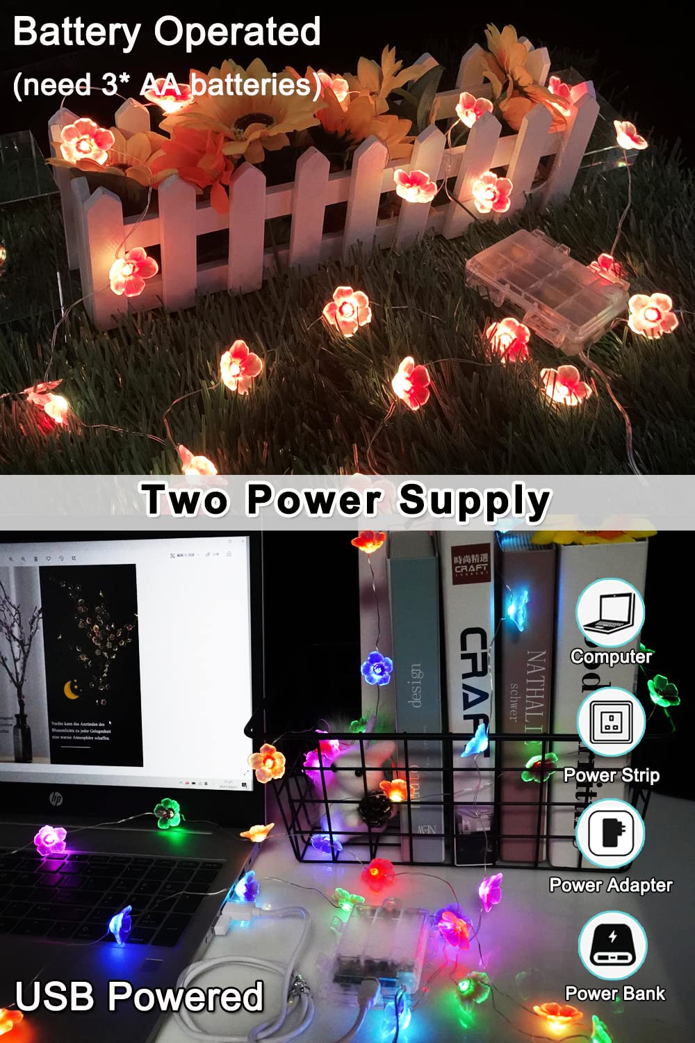 2 Pack Battery Operated String Lights Indoor, 13Ft Cherry Blossom Bedroom Lights, Color Changing Flower Lights Decorative For Room Dressing Table Dorm Party Easter Girl Mom Gift Wedding Christmas