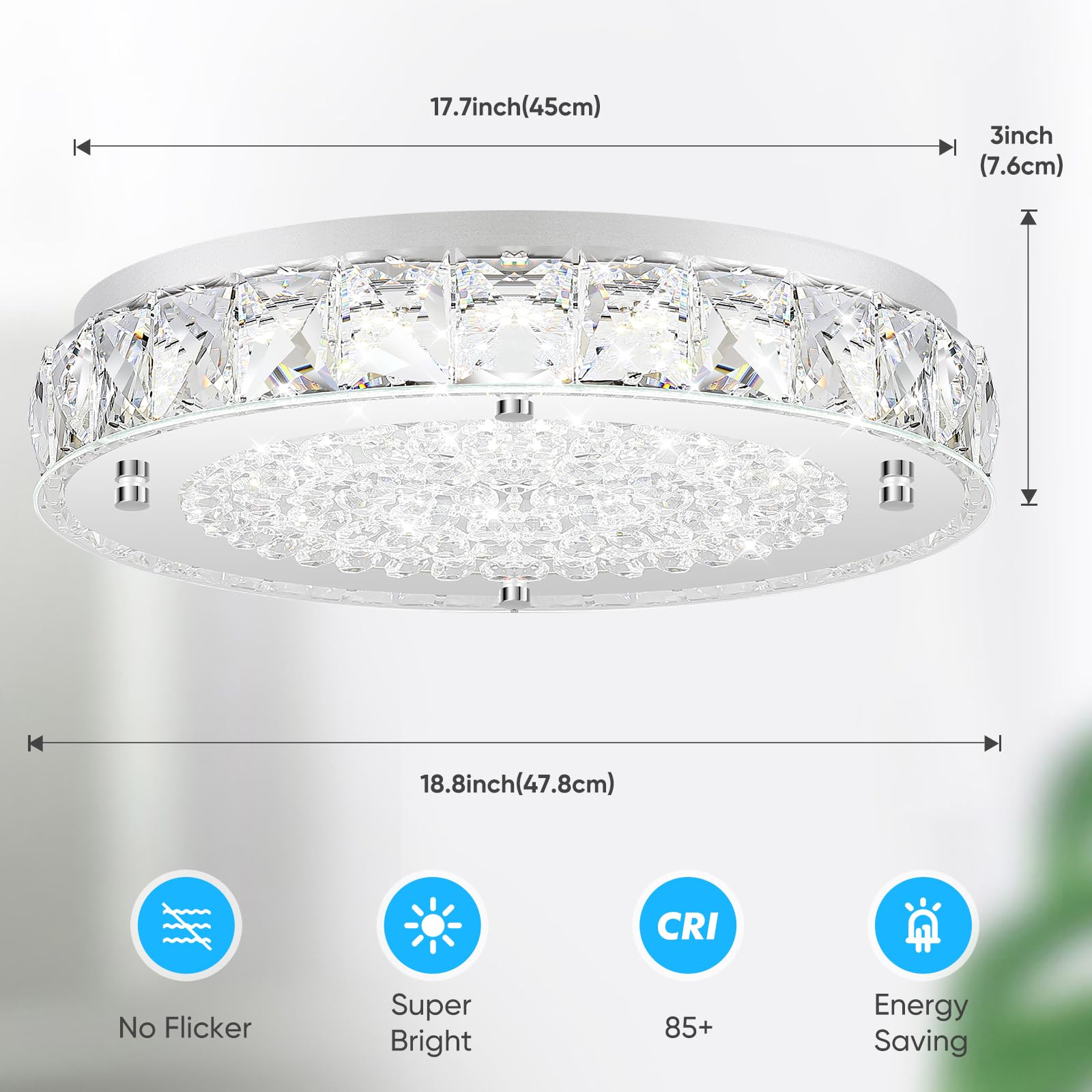 Crystal Flush Mount Ceiling Light  Led Chandeliers Light Fixture 19-Inch  5000K Daylight White Super Bright 5000Lm Dimmable Farmhouse Kitchen Lighting Modern Ceiling Lamp For Bedroom Bathroom Nursery