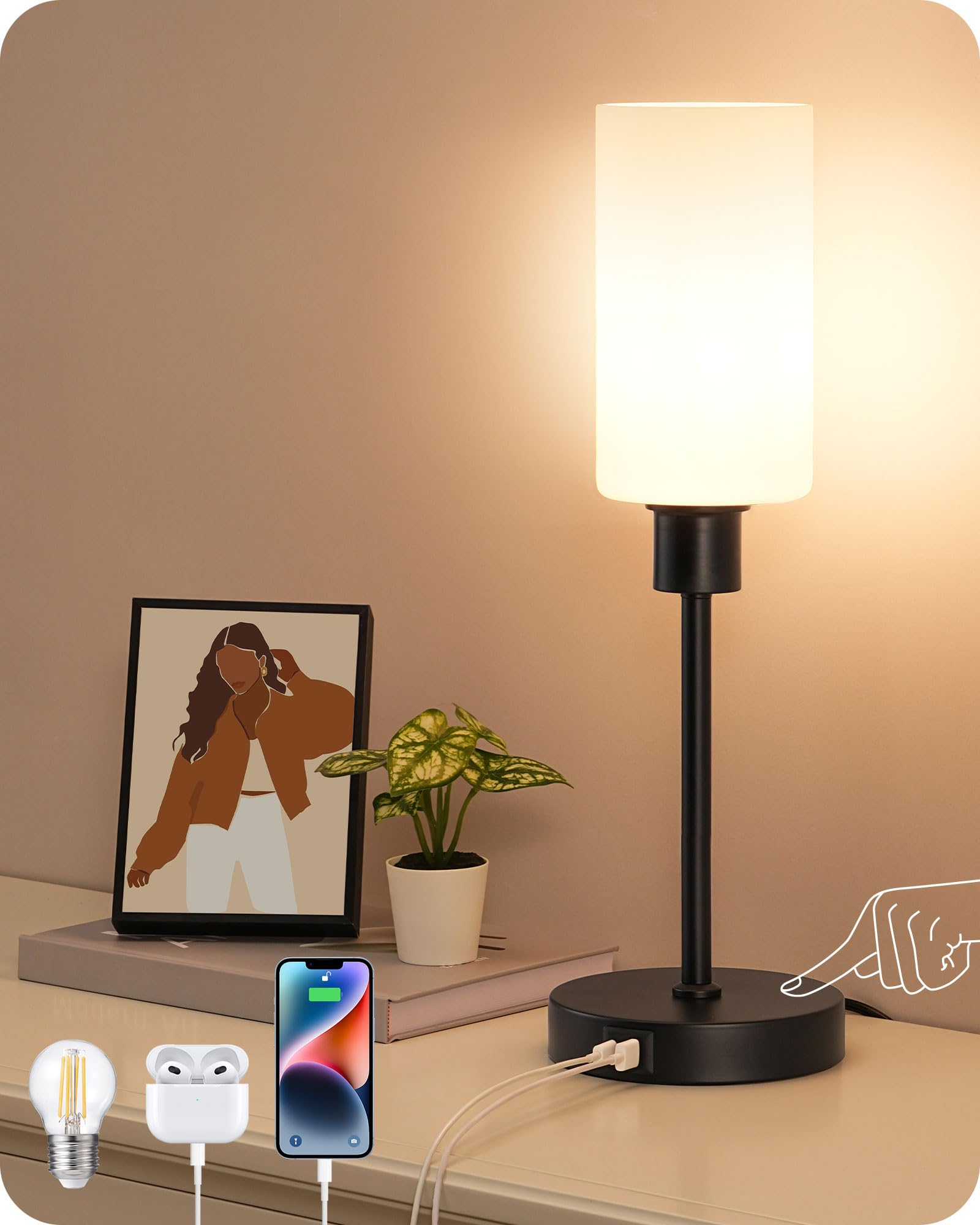 EDISHINE 19 Glass Table Lamp with Full Body Touch Control, Modern Bedside Lamp, 3-Stage Dimmable & USB-A+Type-C Charging Ports,