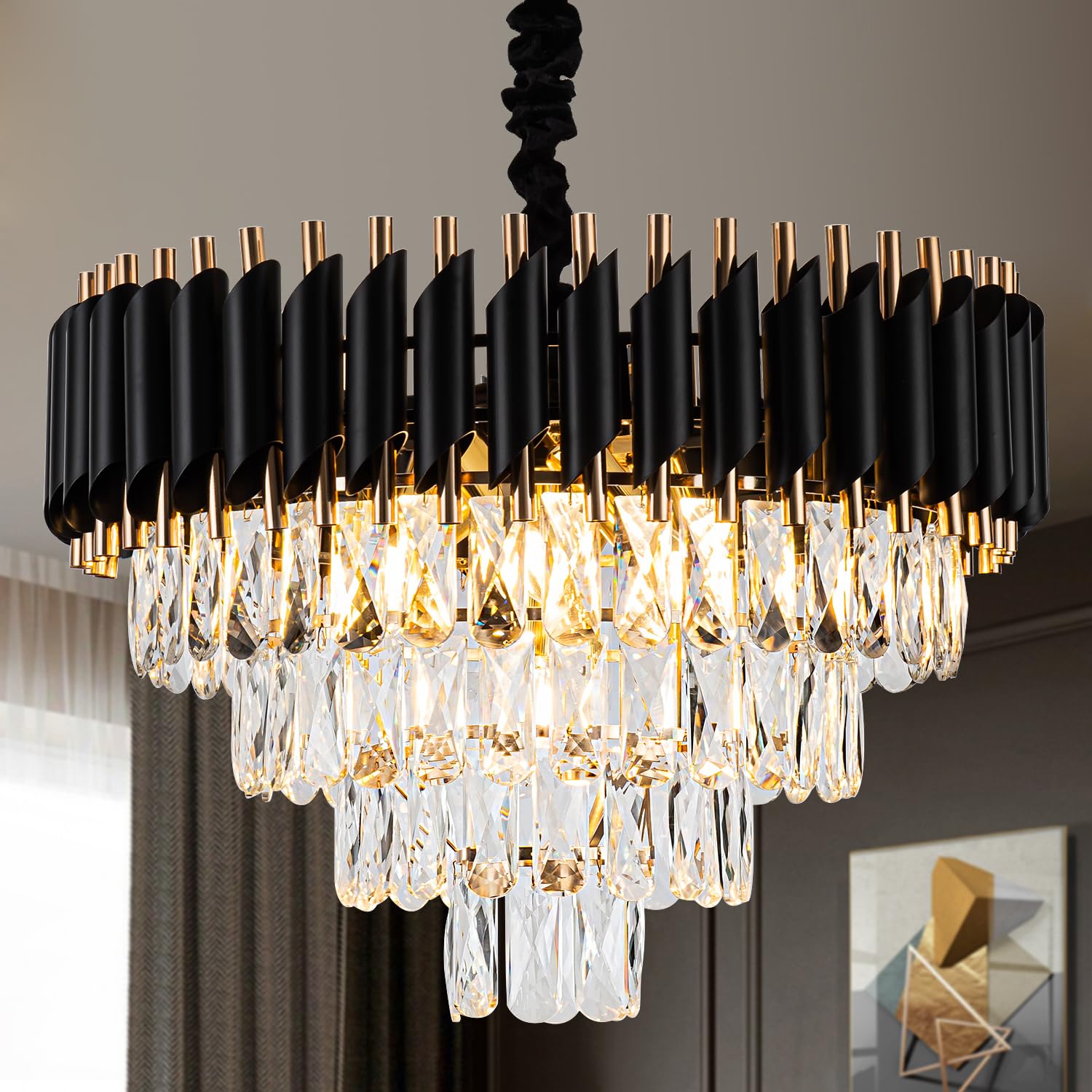 Lighceac 15" 5-Light Modern Crystal Chandelier Light Fixtures 3-Tier Black Gold Luxury Chandeliers For Dining Room Round Hanging Pendant Lighting For Living Room Kitchen Entryway Bedroom Hallway