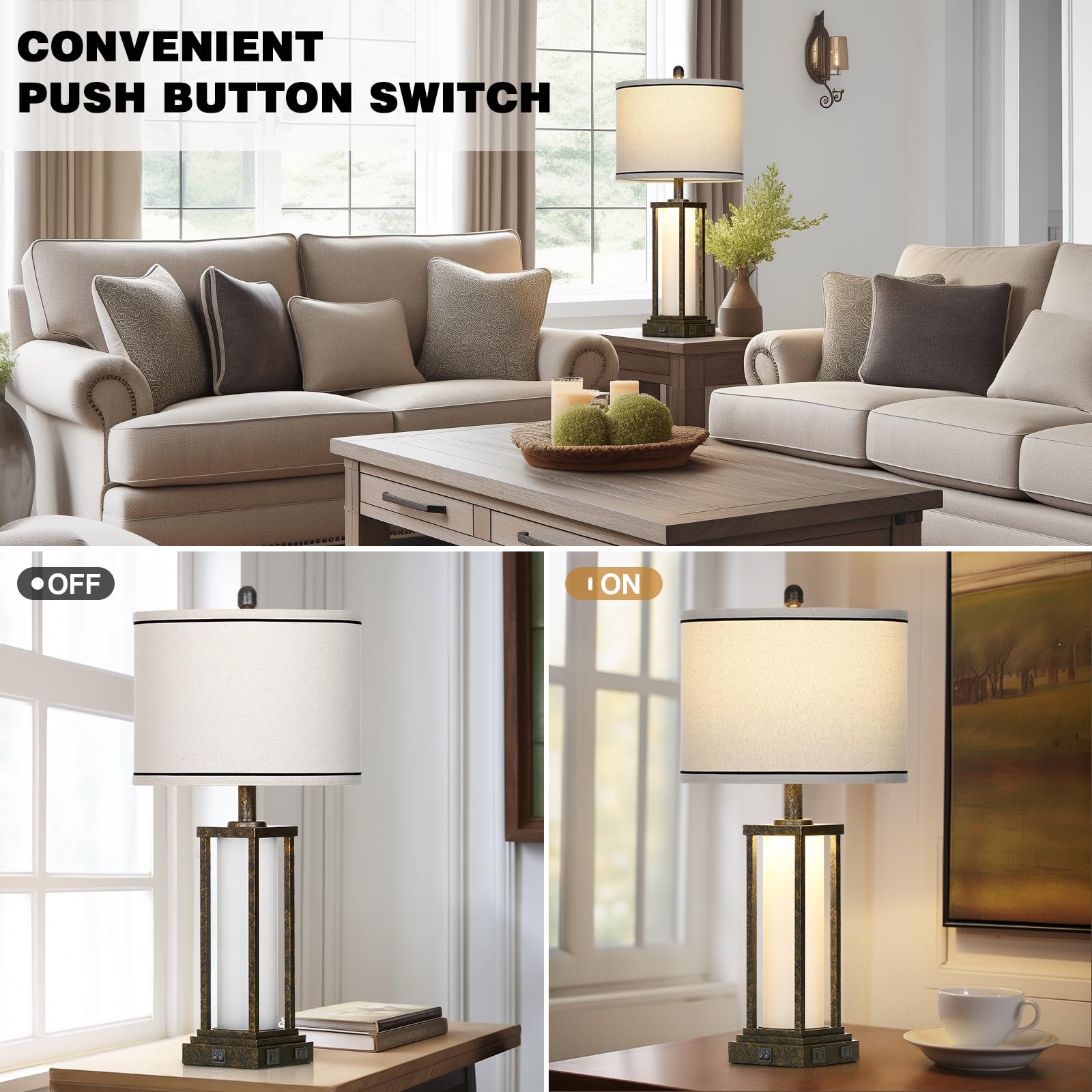 Cinkeda 27'' Tall Vintage Table Lamp With Usb C+A & Outlet,Bronze Industrial End Table Lamp For Living Room,Farmhouse Rustic Bed