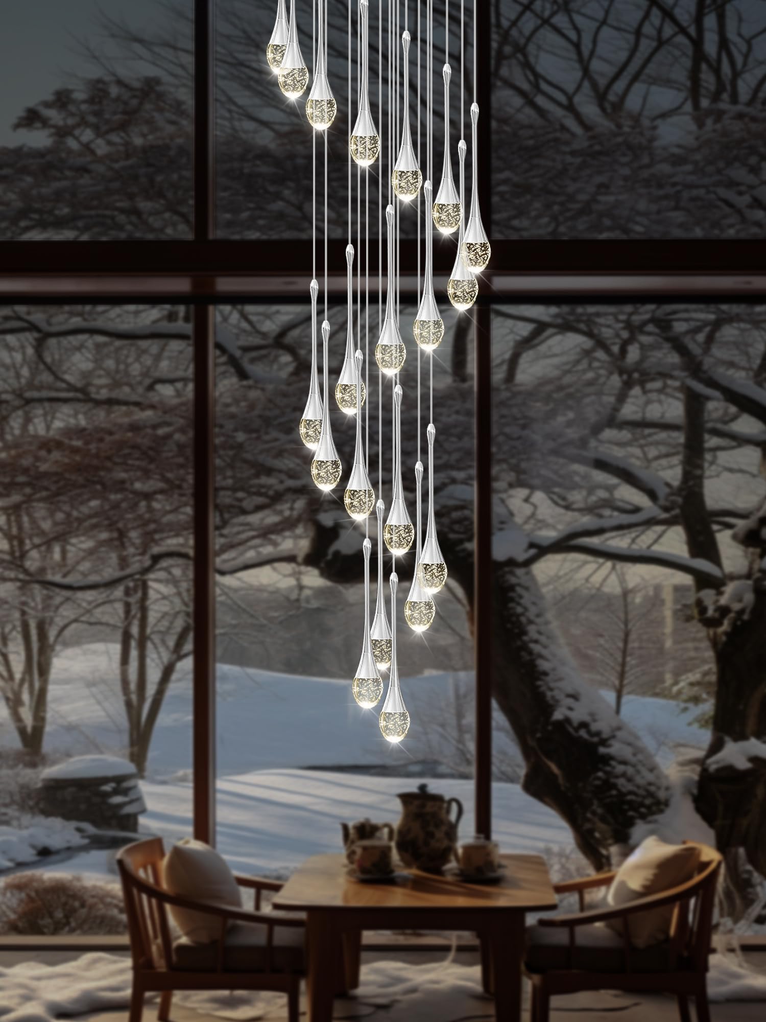 ykolupty Raindrop Crystal Chandelier, 138'' High Ceiling Pendant Light, 20-Lights, LED 2700-6000K, Silver Finish