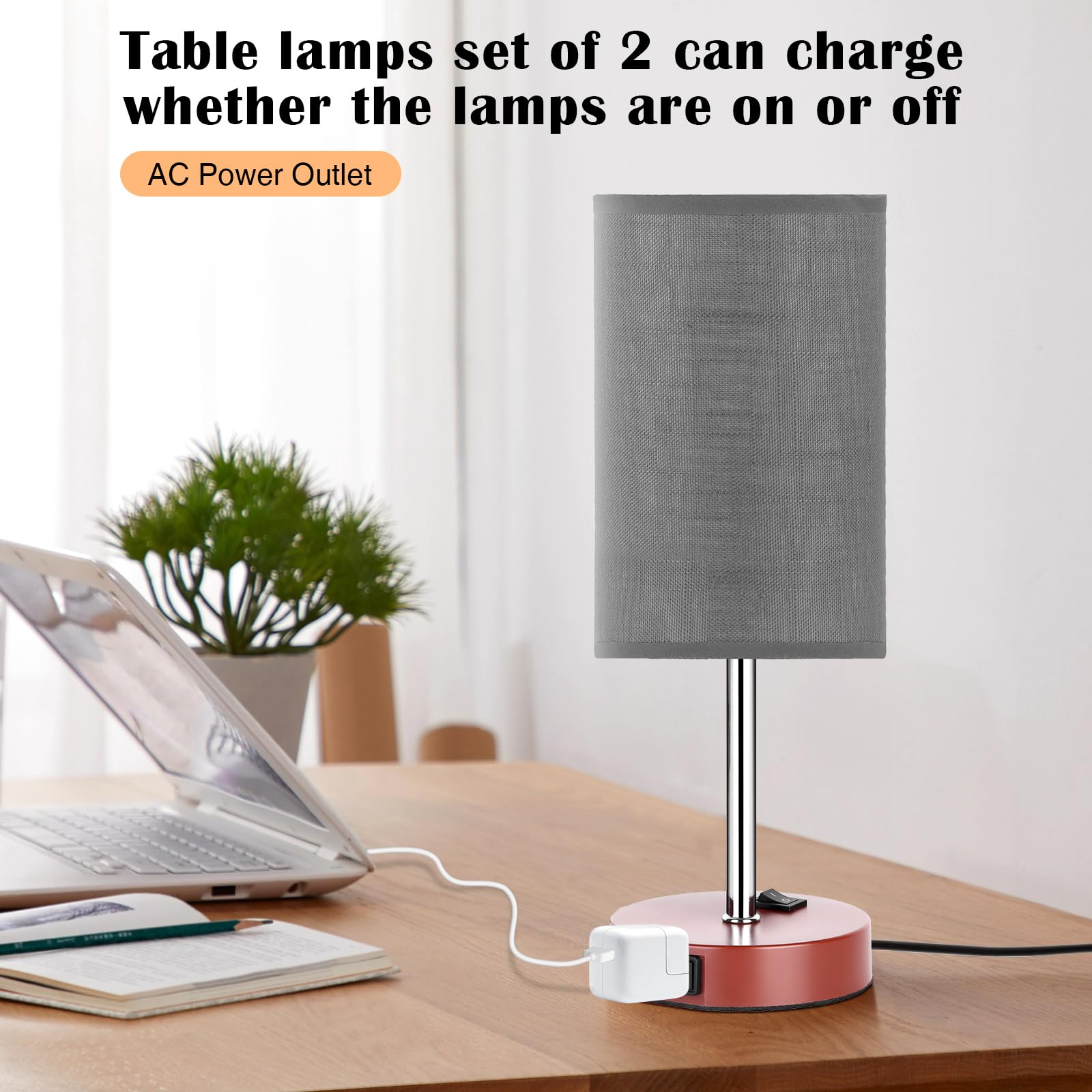 ZJOJO 3-Way Dimmable Bedside Table Lamps Set of 2, Metal, Brown, Simple Round Model, with AC Outlets for Bedroom and Living Room