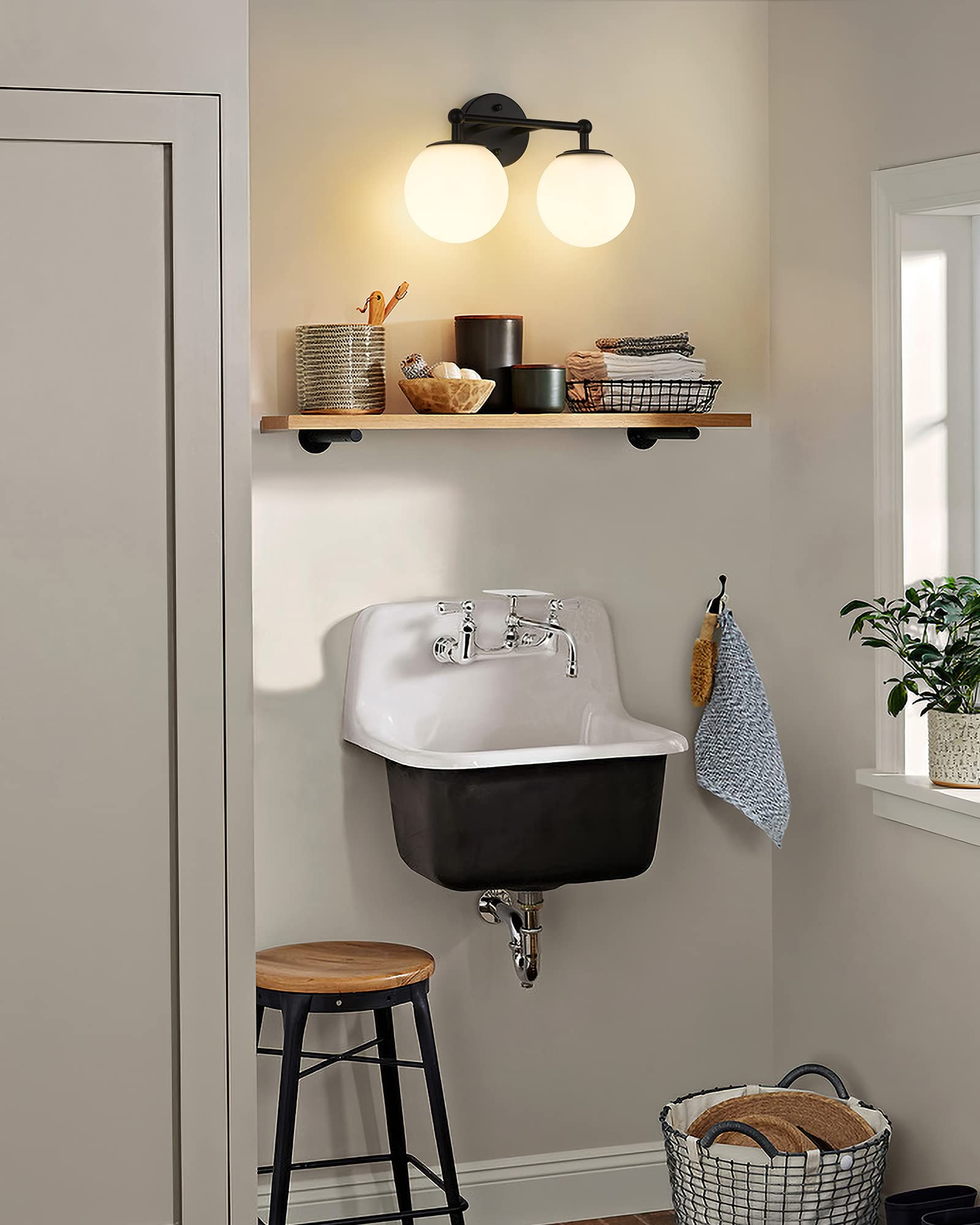 Akezon Black Vanity Light, 2 Light Black Modern Bathroom Light Fixtures Over Mirror With White Milk White Globe Glass Shade For Bathroom