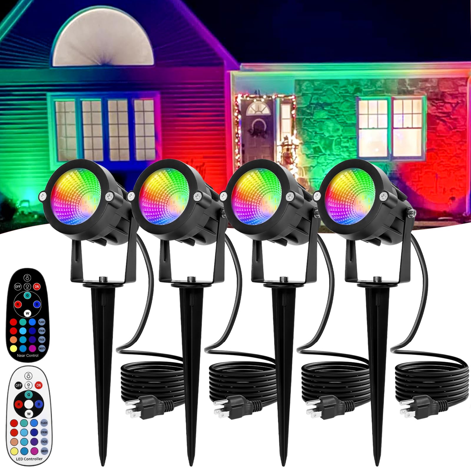 Christmas Spotlights Outdoor: Rgbw Led Spot Light Plug In 120V Remote Control 16 Color Changing Landscape Spotlights For Yard Outside House Garden Lawn Path Tree Holiday D?Cor  4 Pack (Rgb+Warm White)