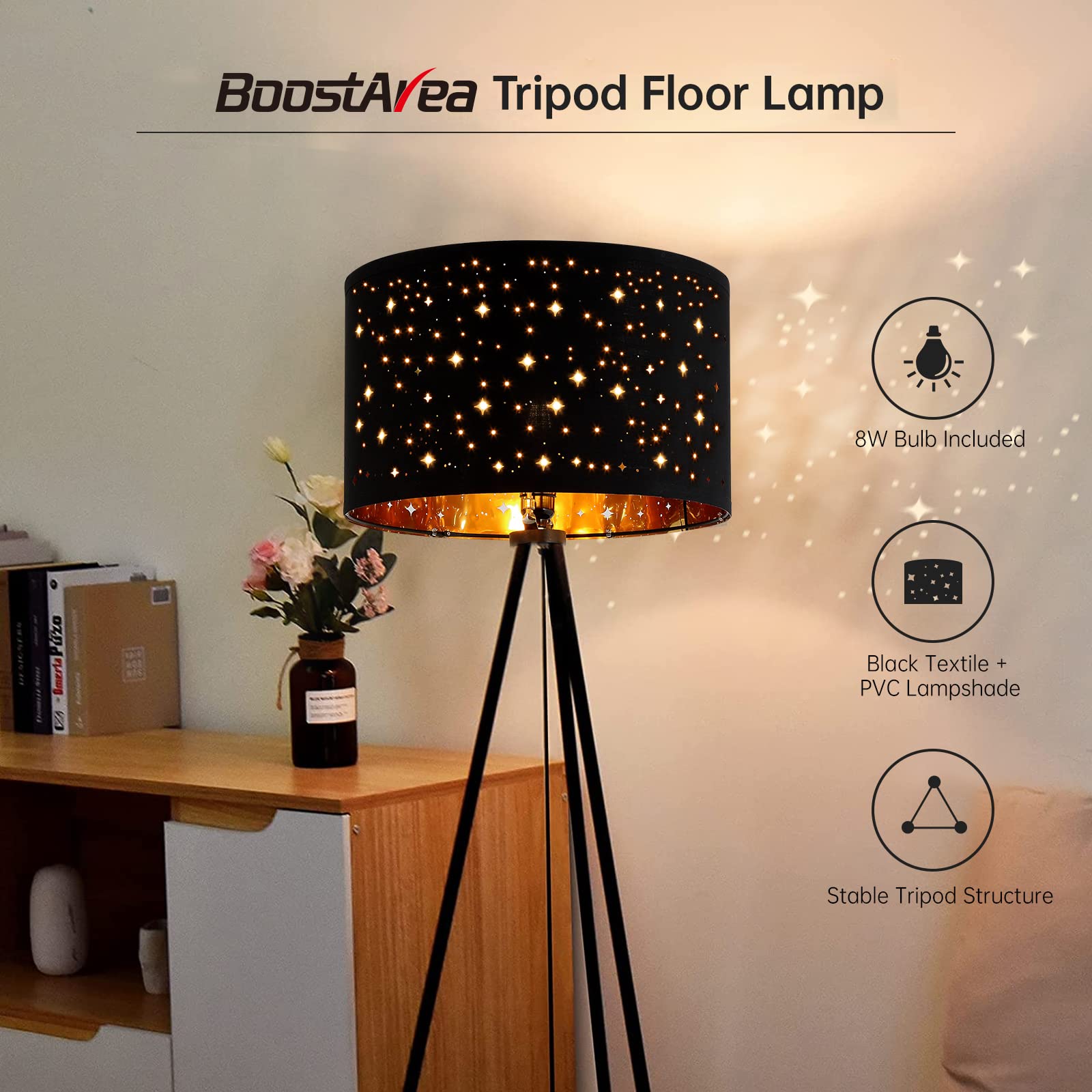 BoostArea Tripod Floor Lamp - 8W LED, Metal, Black-star, Decorative Shade for Living Room, Bedroom, Office