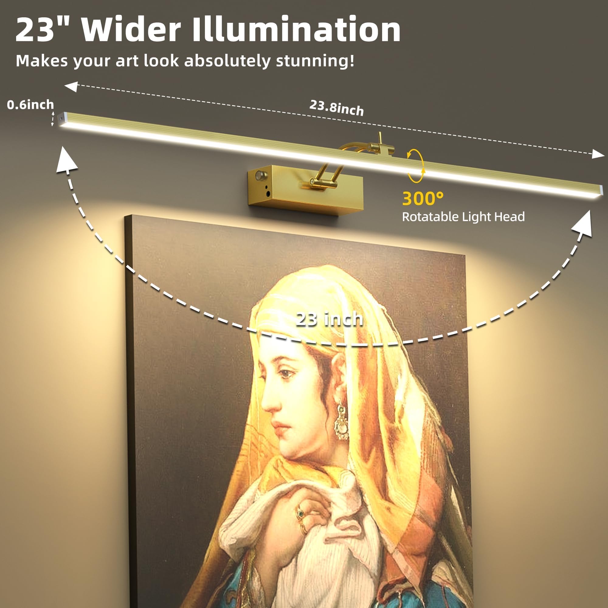 JNGMAIR 4 Pack Picture Lights - 23in Gold Aluminum Art Lighting, Cordless, Rechargeable with Remote, Dimmable & Timer, Model JM-09ZHD-60-G