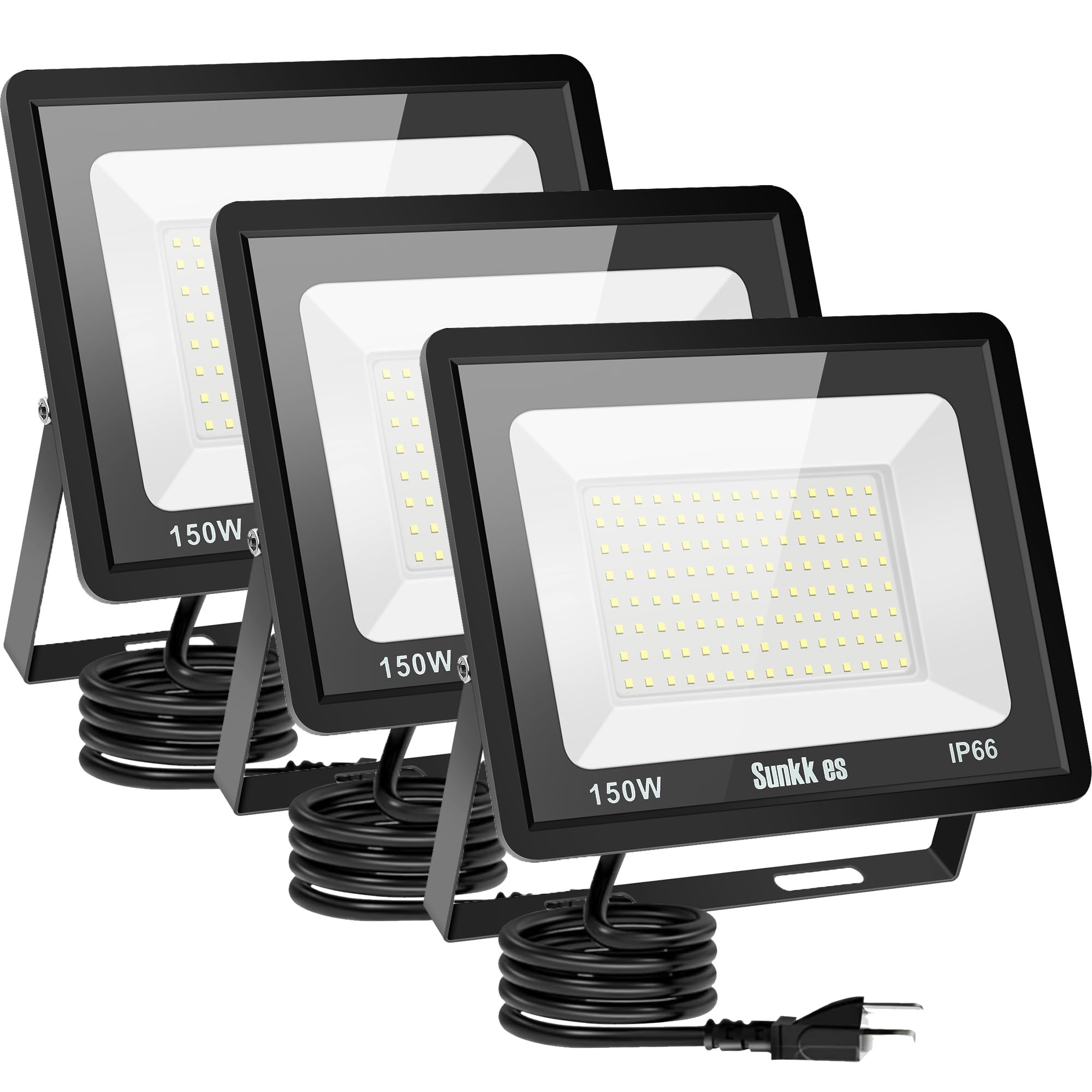 Sunkkes 150W LED Flood Light Outdoor 3 Pack  IP66 Waterproof  6000K Daylight White Security Lights Outside Lamp  18000LM Exterior Floodlights Lighting for Workshop Yard Stadium