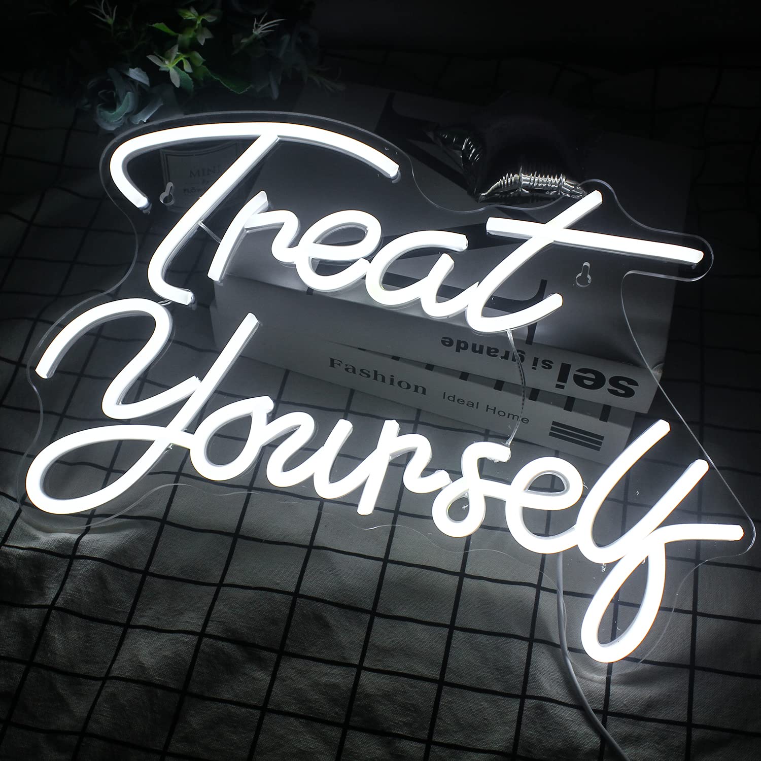 Wanxing LED Neon Sign Light for Bedroom, White Acrylic, Model WX-NS-treat yourself, Happy Light for Wedding & Birthday Decor