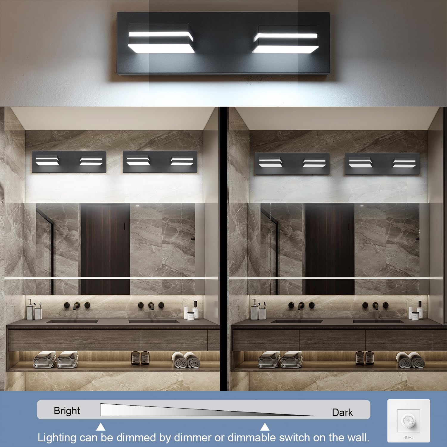 SineRise LED Bathroom Vanity Light Fixture, 2-Light Dimmable, 15.5-Inch, Matte Black, Model 9553E