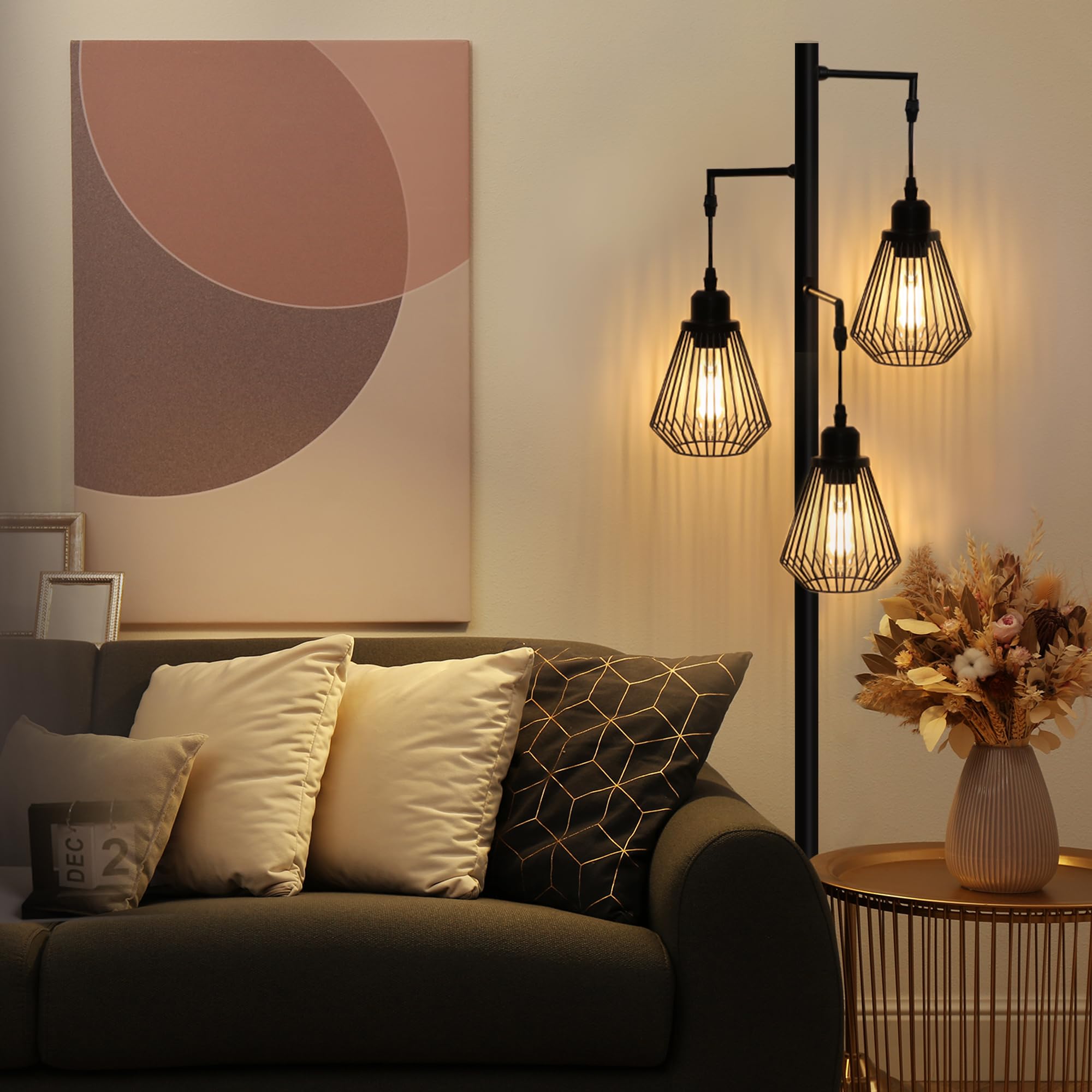 QiMH Industrial Floor Lamp, 68in Metal Standing Lamp, 3 Teardrop Cage Shades, Black