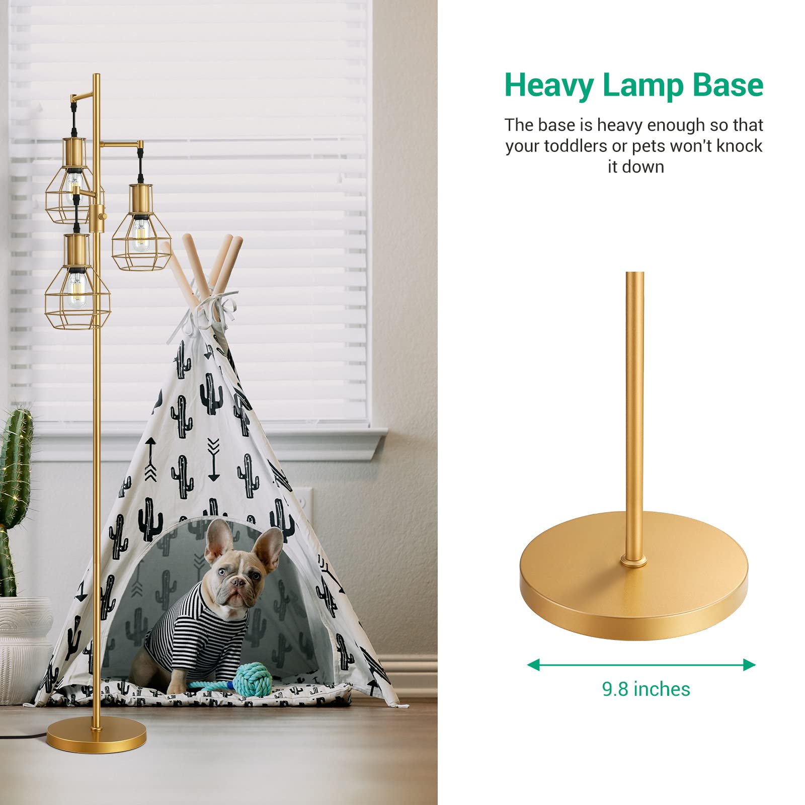 EDISHINE Industrial Dimmable Floor Lamp, Gold Metal Design with 3 LED Edison Bulbs, Modern Tall Corner Lamp for Living Room, Model HFLG03G