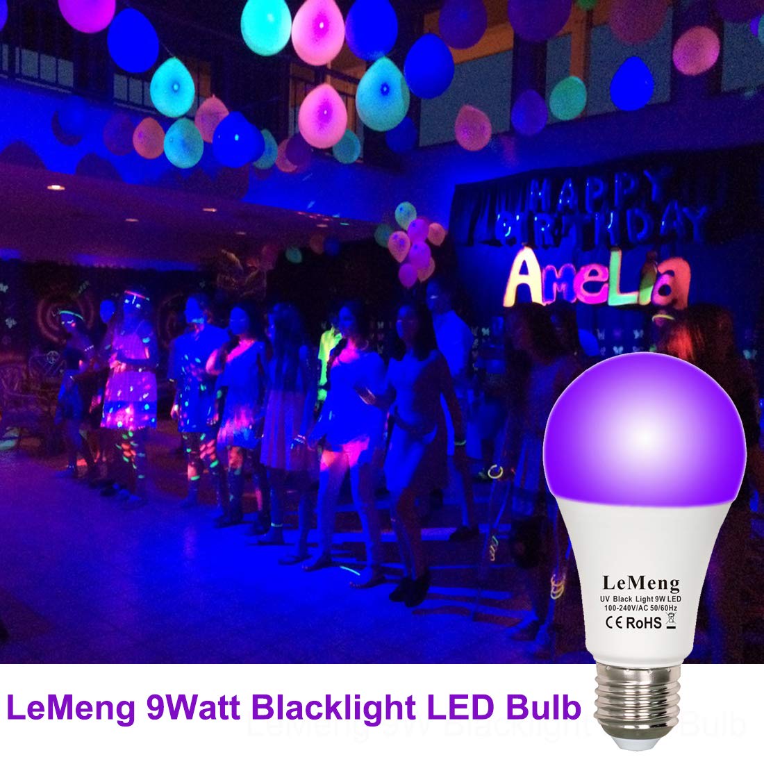 LEMENG LED Black Light Bulb, 9W Blacklight A19, UVA 395-400nm, E26 Medium Base, 3 Pack, UV Blacklight, Aluminum